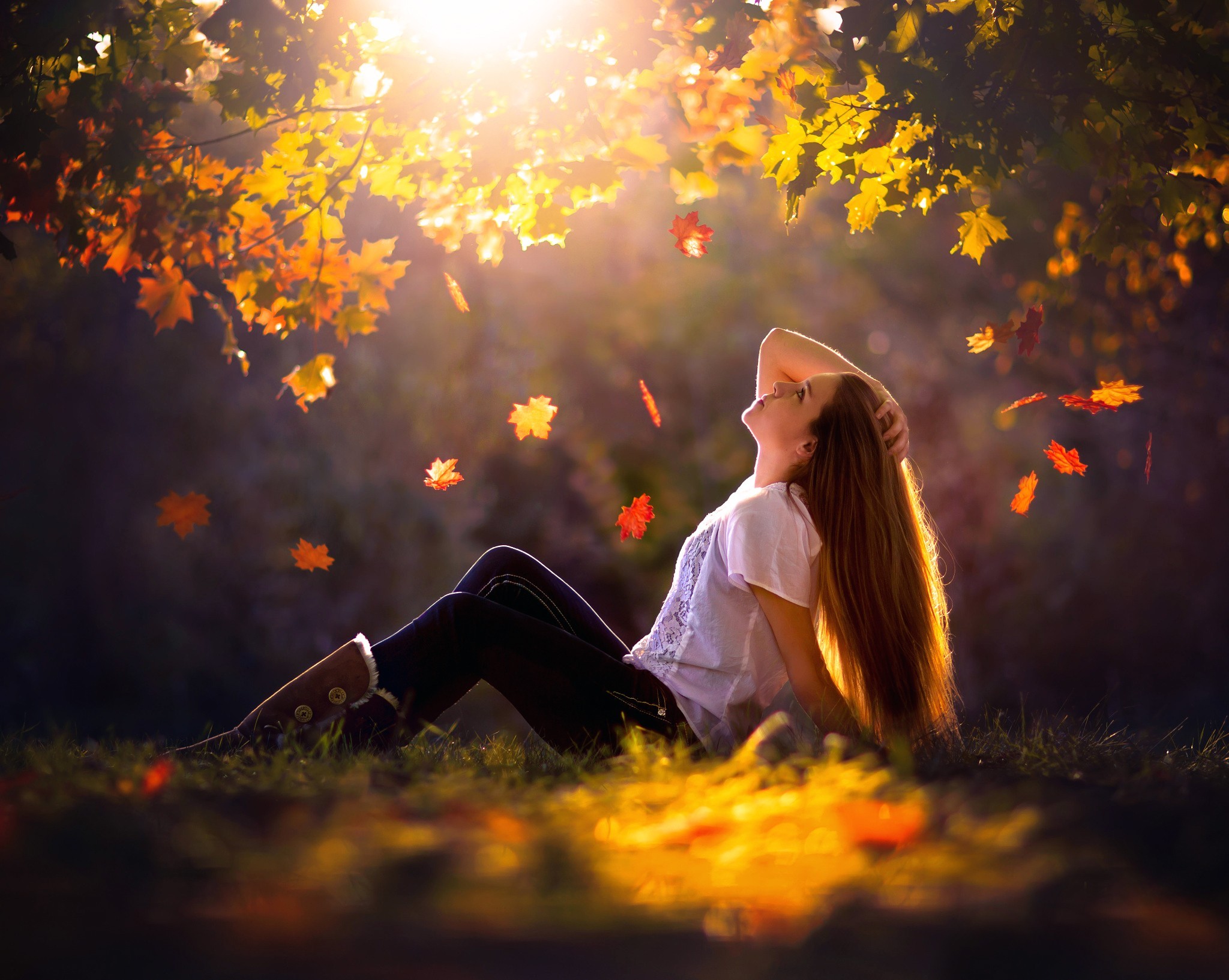 leaves, sunlight, women, outdoors, girls, HD Wallpaper