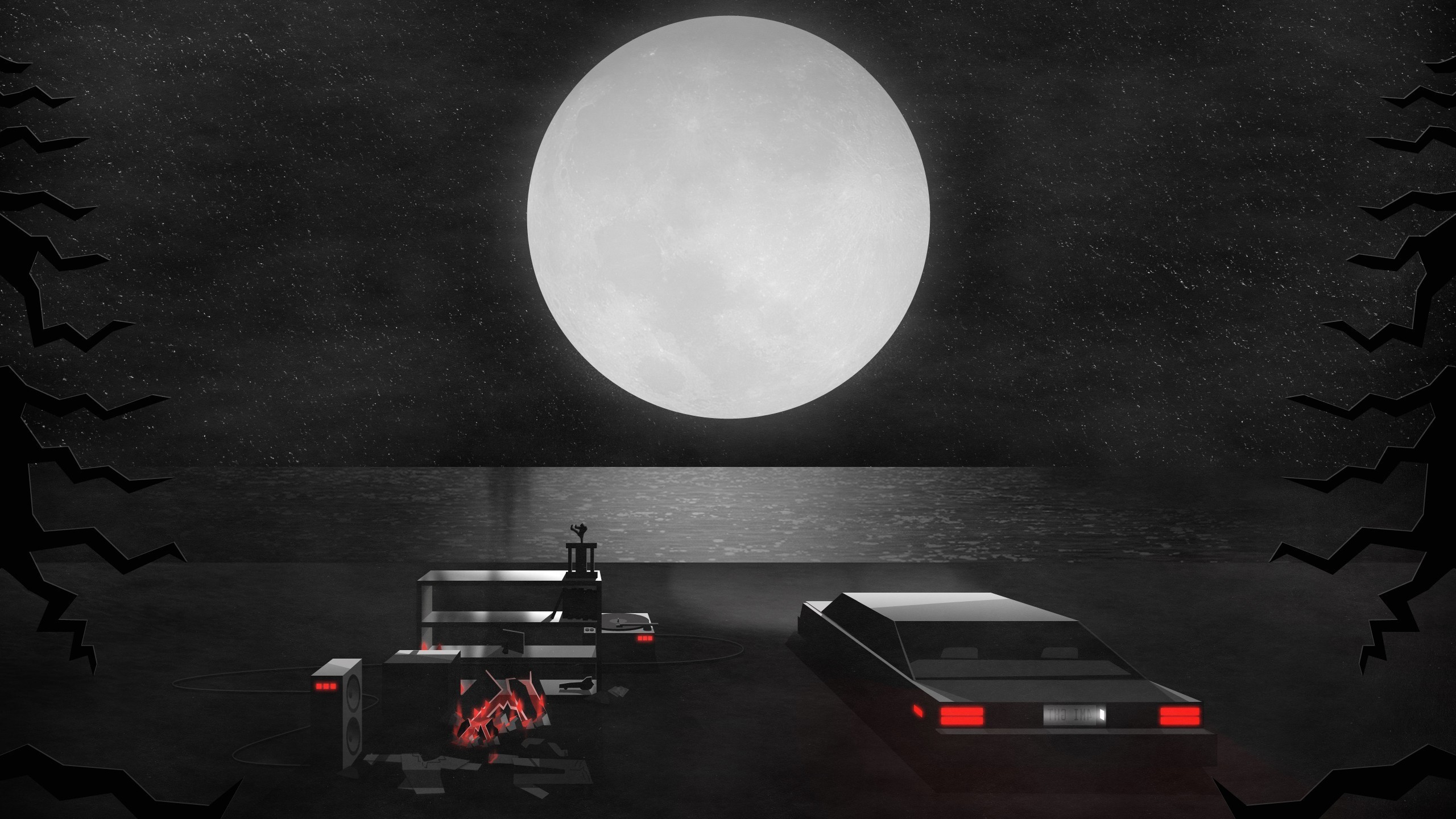 digital art, car, moon, artist, HD Wallpaper