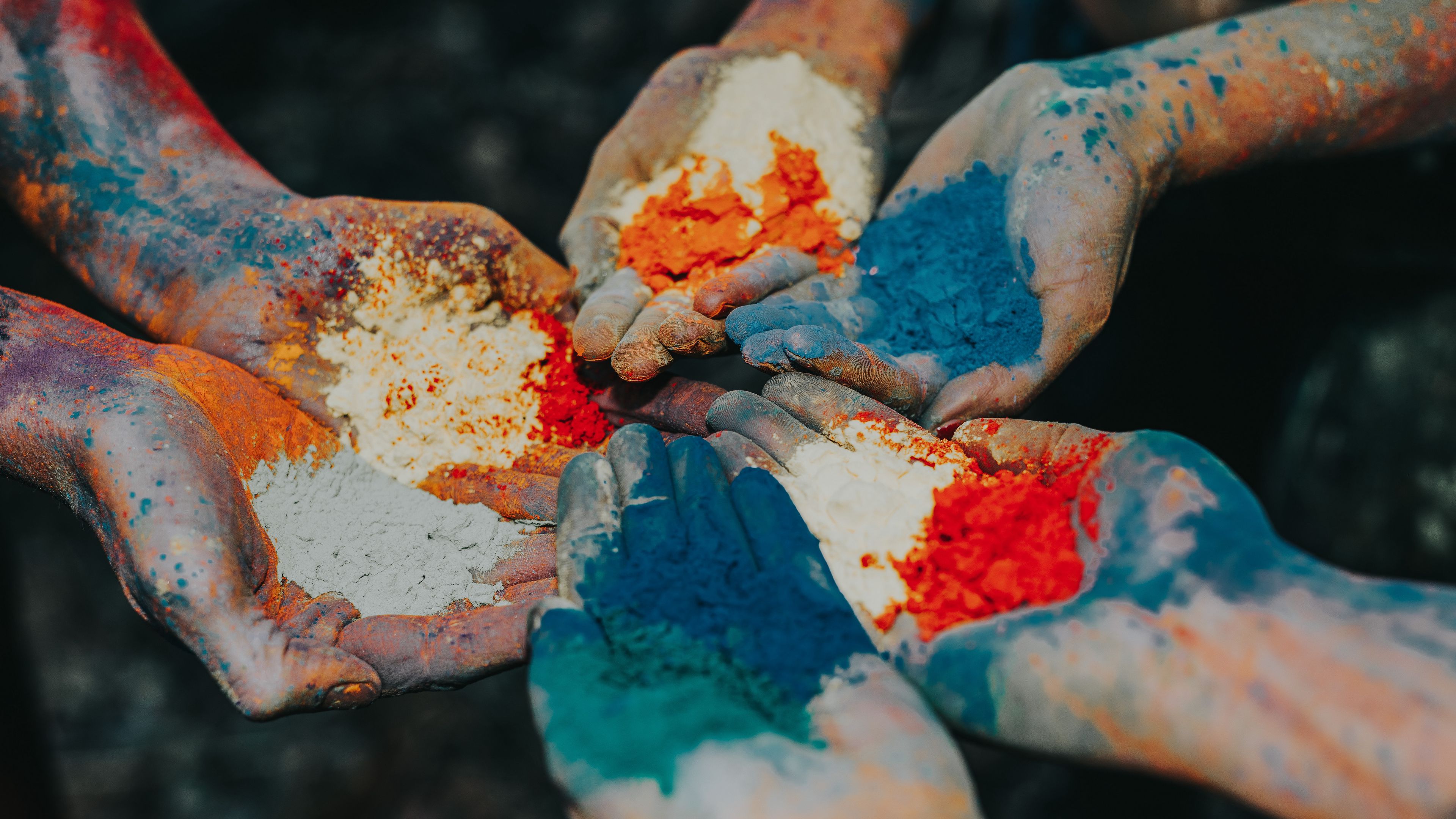 hands, paint, powder, colorful, holi, 4k, HD Wallpaper
