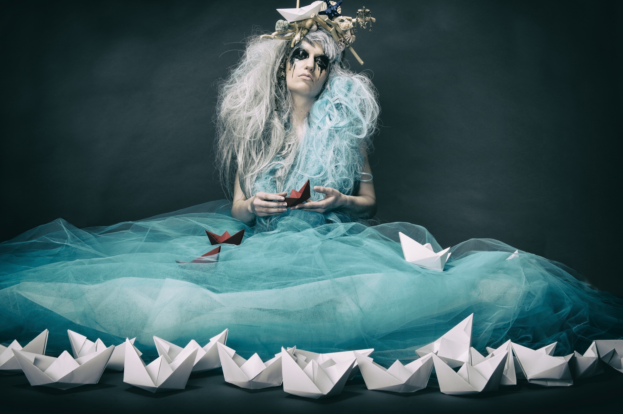 fantasy, artist, digital art, women, paper, ship, HD Wallpaper
