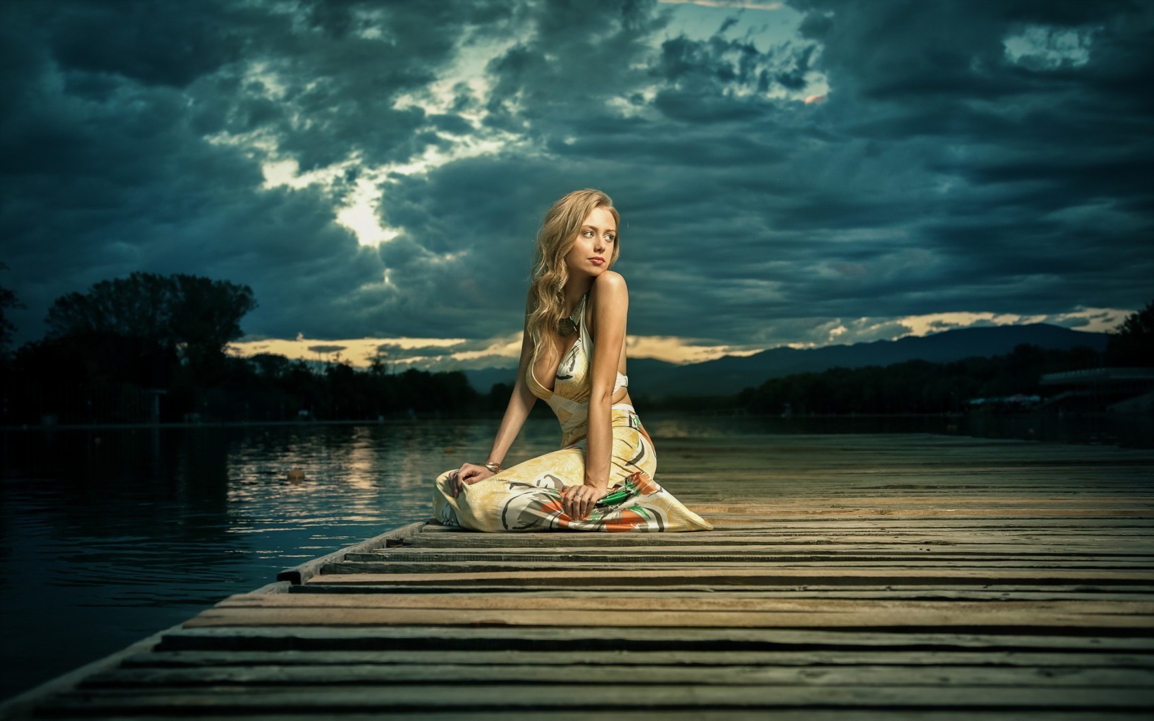 girls, model, alone, lake, HD Wallpaper