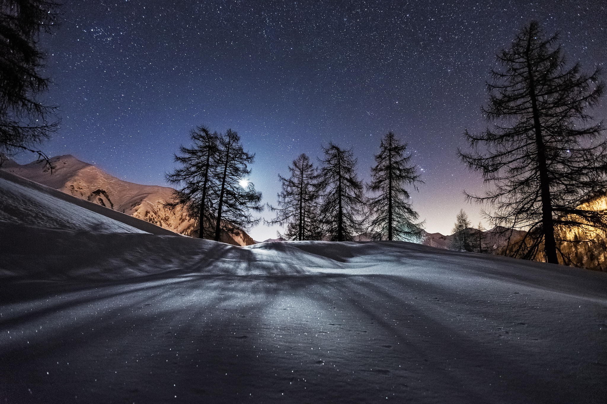 trees, night, snow, mountains, nature, HD Wallpaper