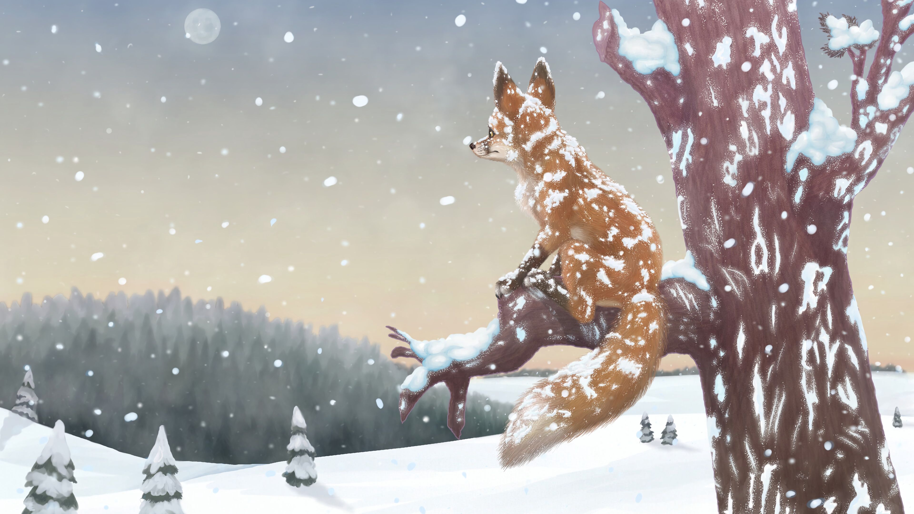 fox, tree, snow, winter, art, 4k, HD Wallpaper