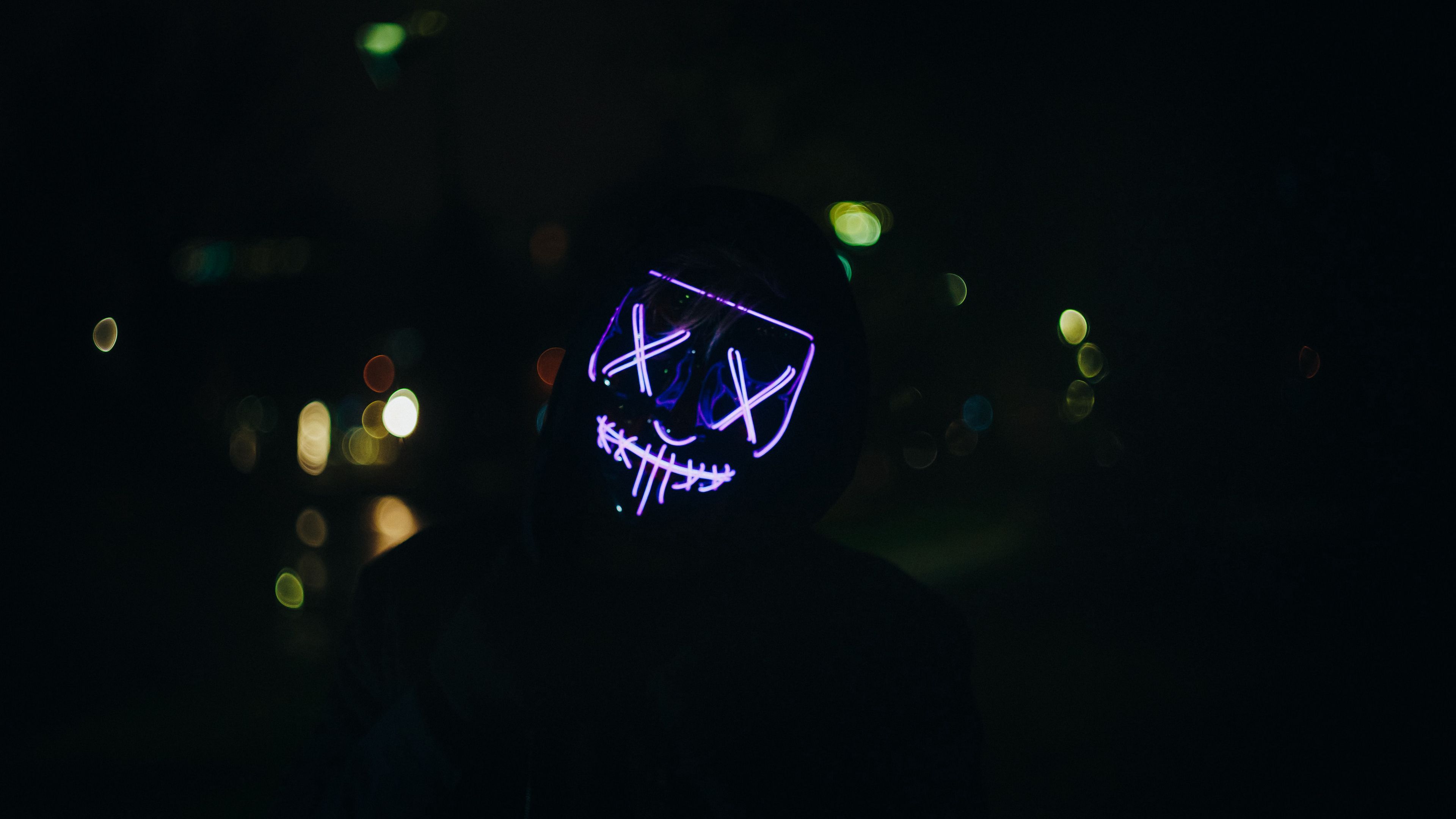 man, mask, neon, dark, purple, 4k, HD Wallpaper