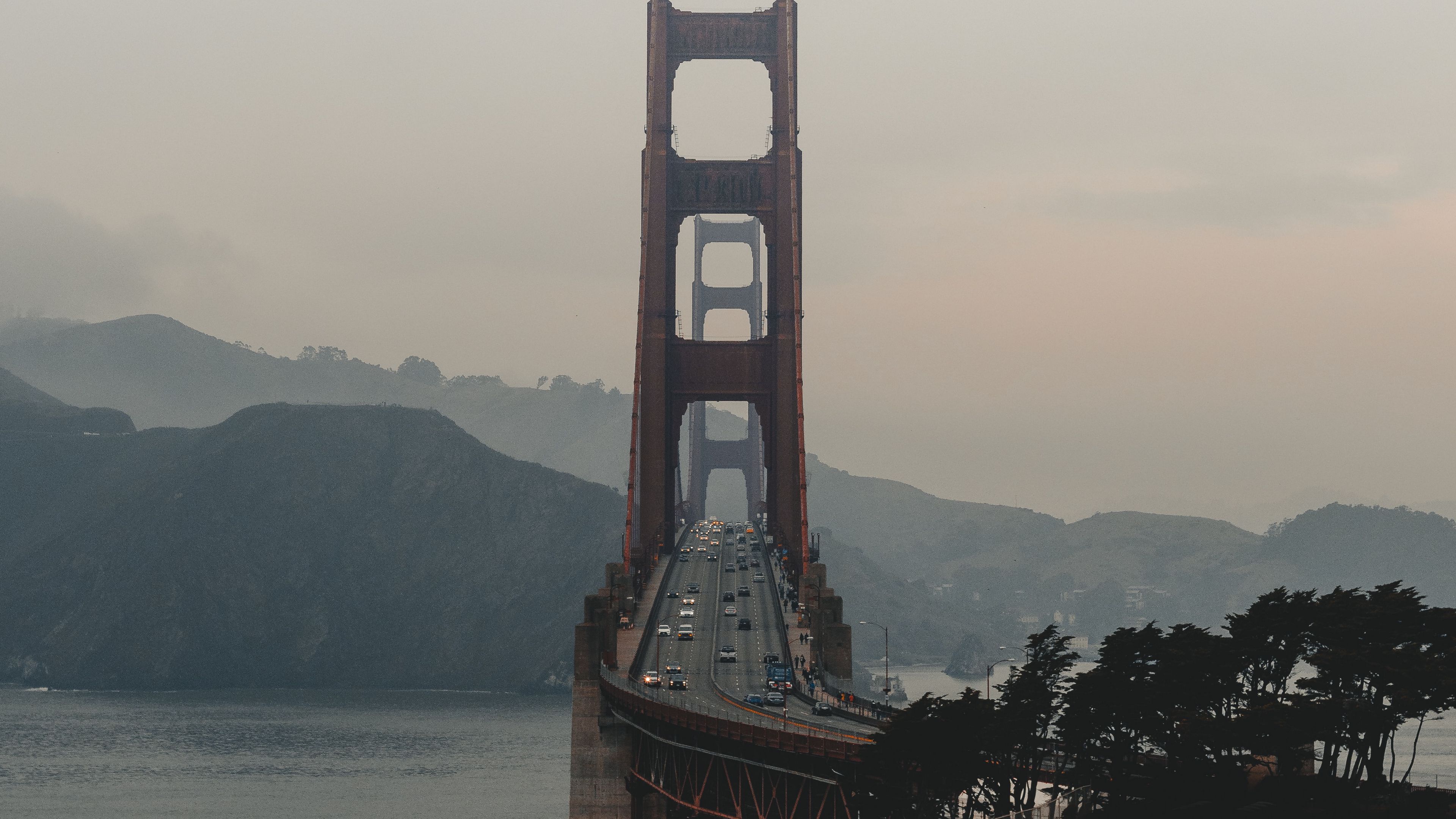 bridge, mountains, fog, coast, landscape, 4k, HD Wallpaper