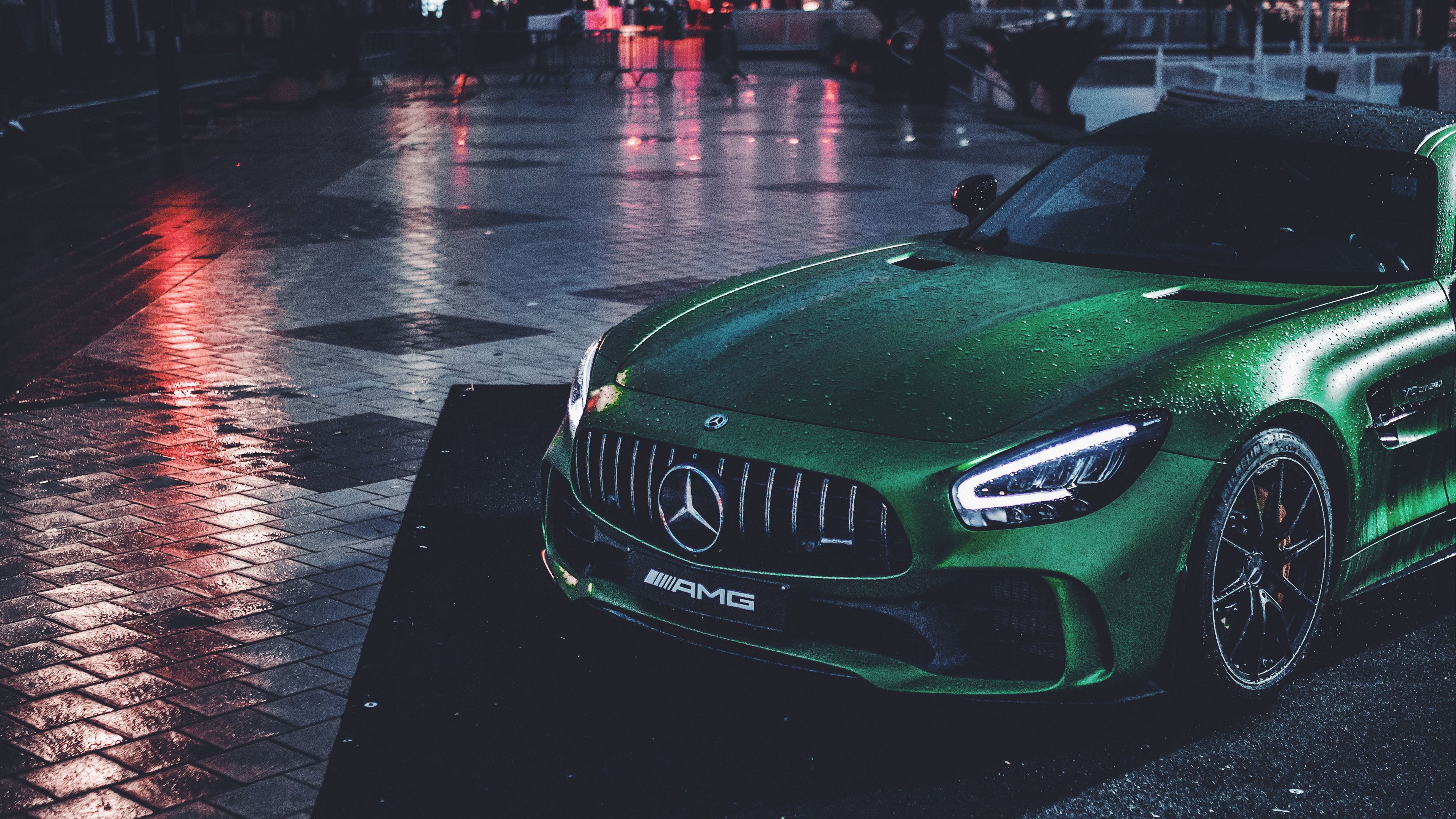 mercedes, car, green, wet, sportscar, supercar, 4k, HD Wallpaper