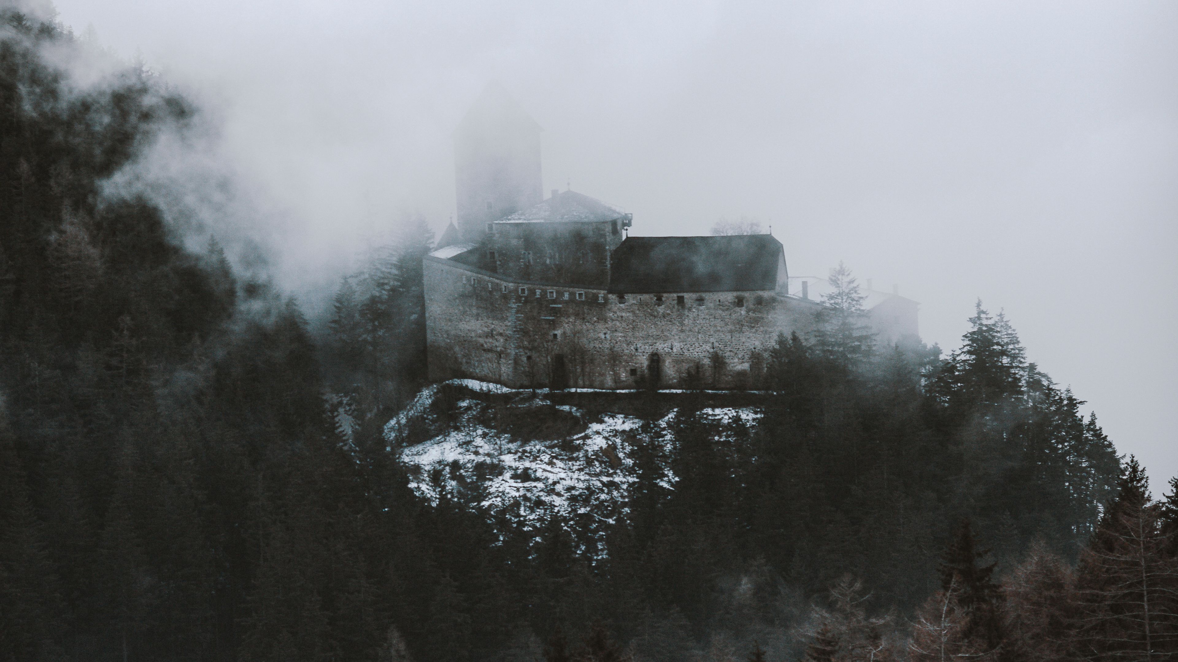 castle, fortress, hill, forest, clouds, 4k, HD Wallpaper