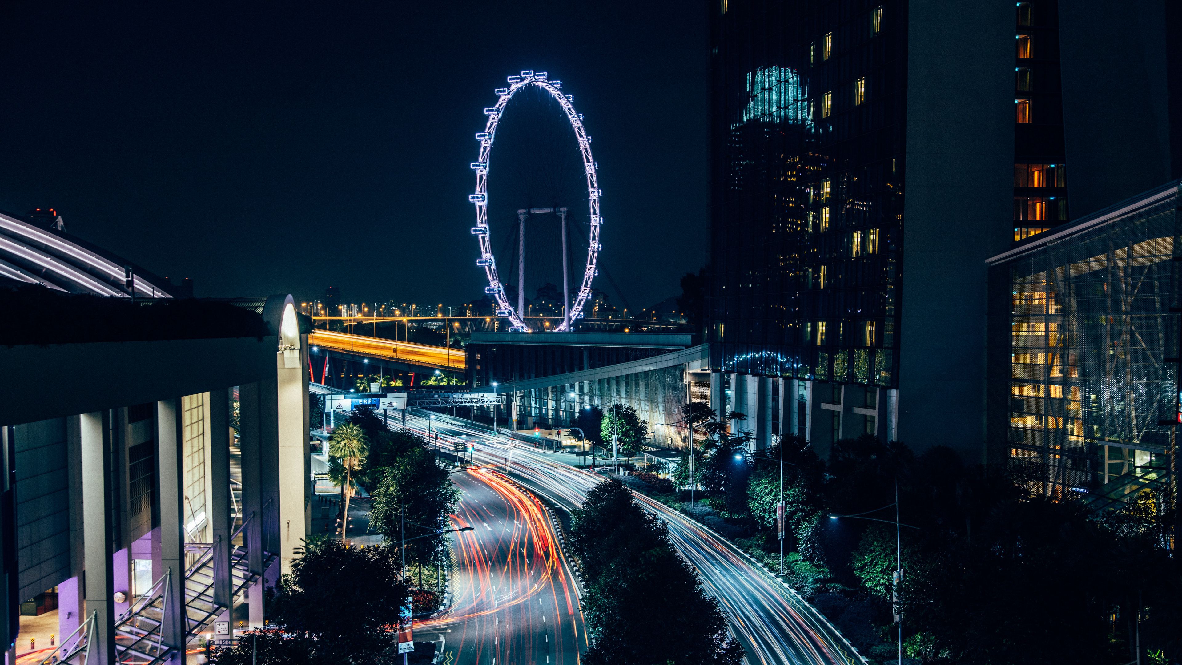 night city, road, buildings, ferris wheel, lights, long exposure, 4k, HD Wallpaper