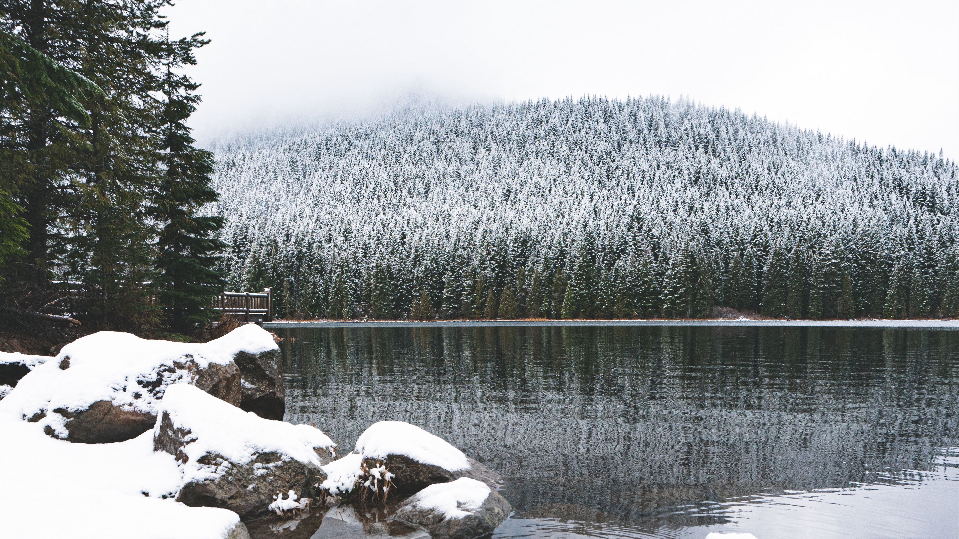 lake, stones, snow, forest, winter, landscape, 4k, HD Wallpaper