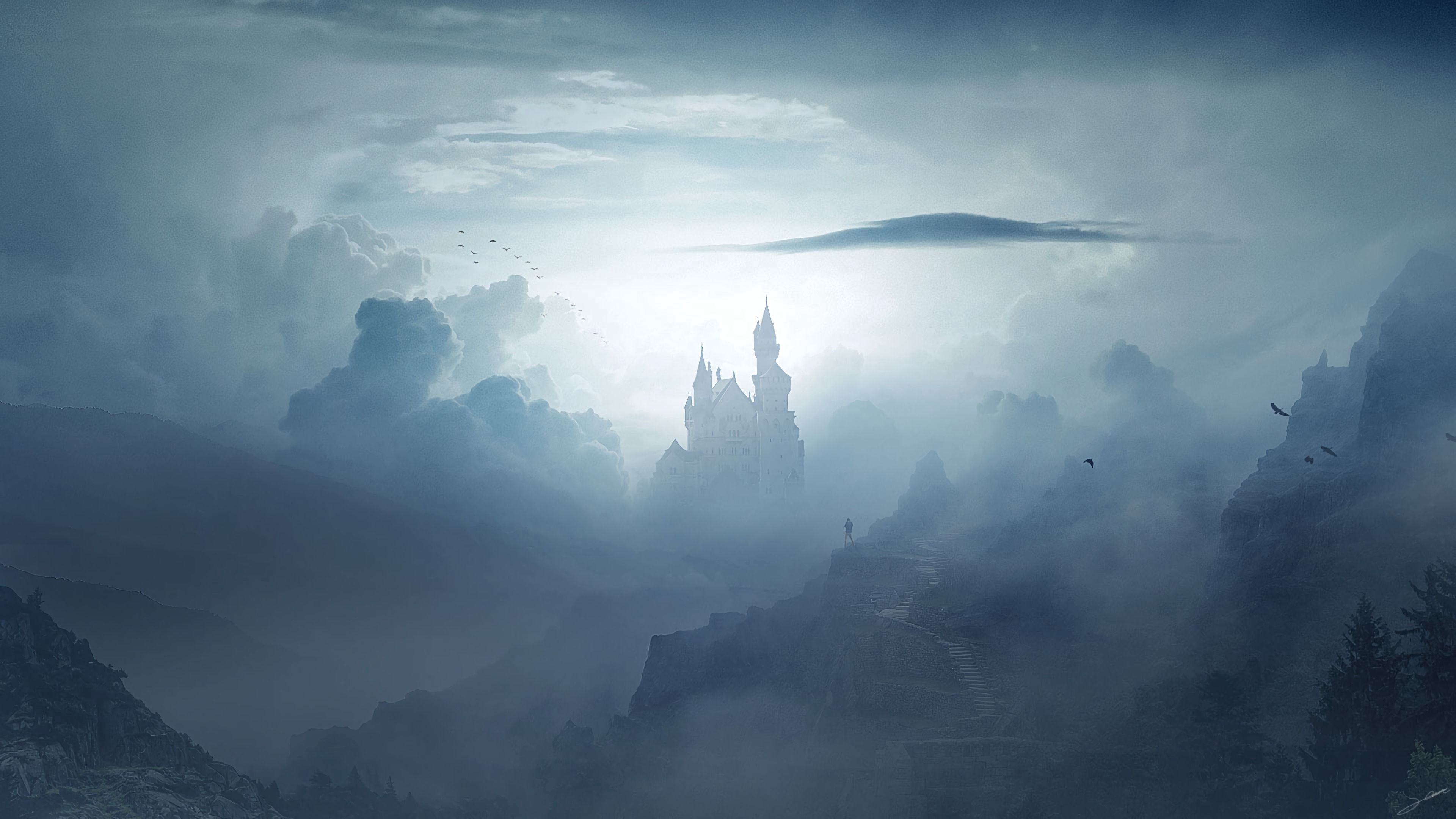 castle, clouds, fog, mountains, art, 4k, HD Wallpaper