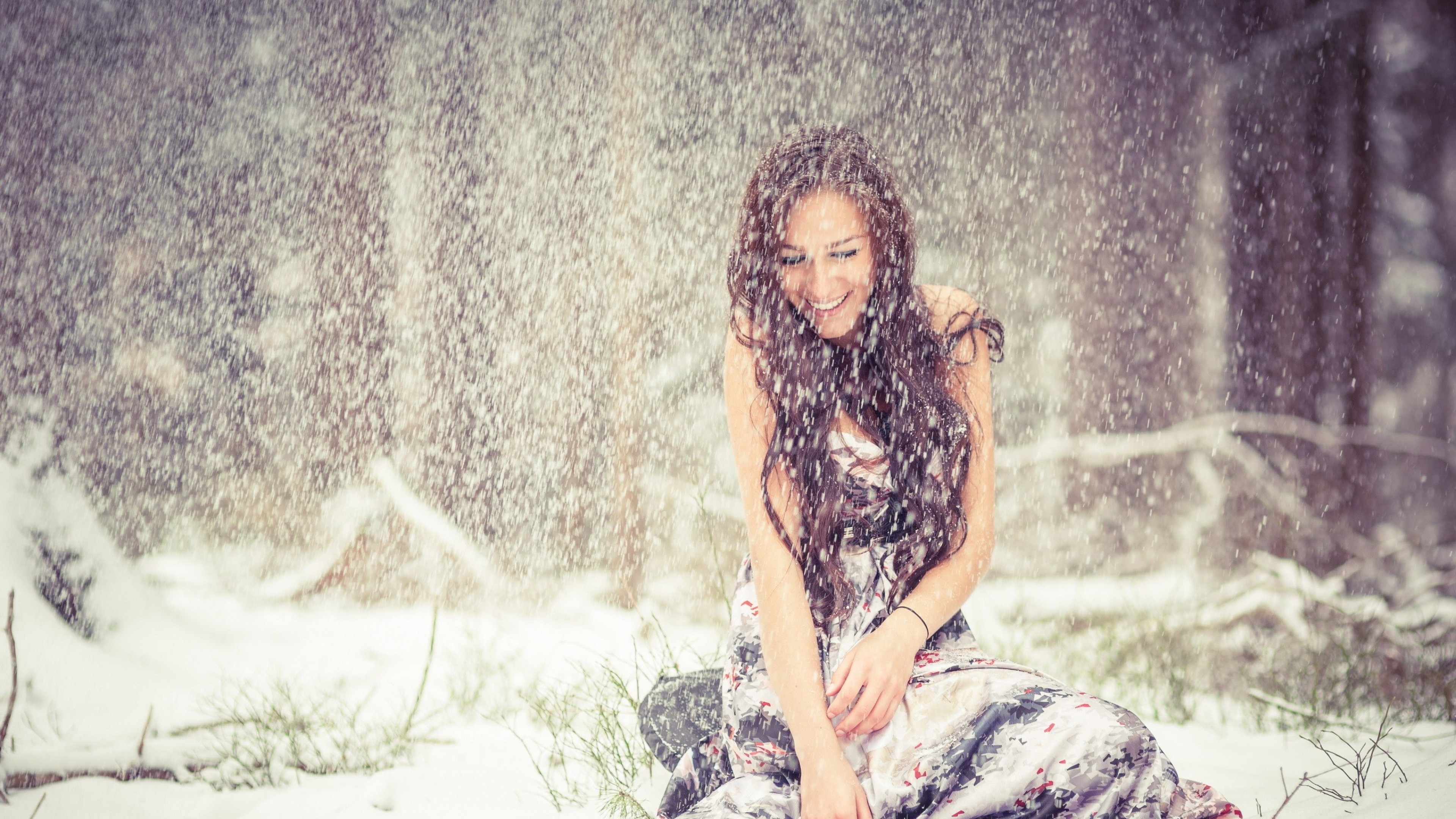 brunette, girls, snow, HD Wallpaper