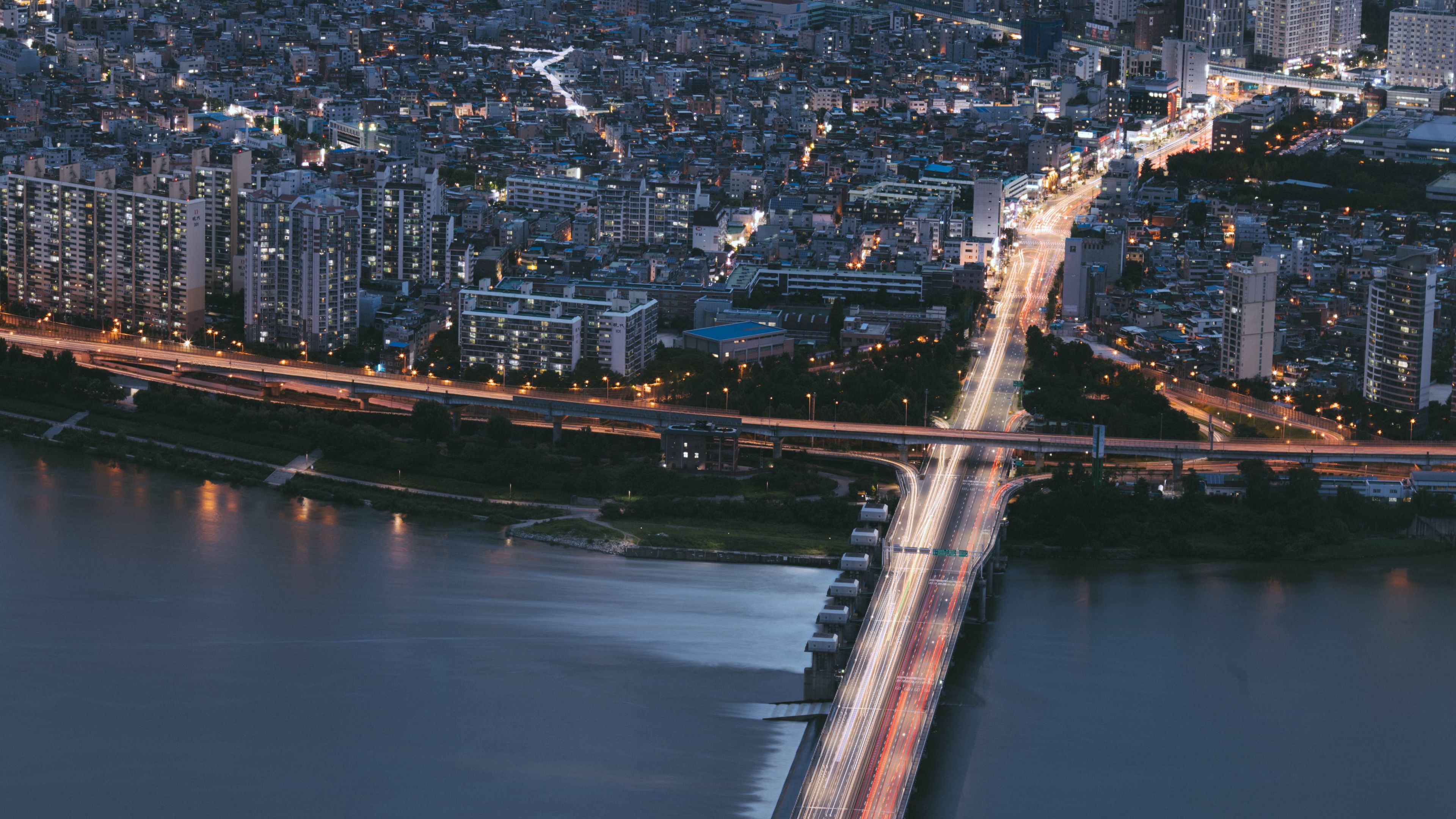 city, bridge, aerial  view, buildings, coast, 4k, HD Wallpaper