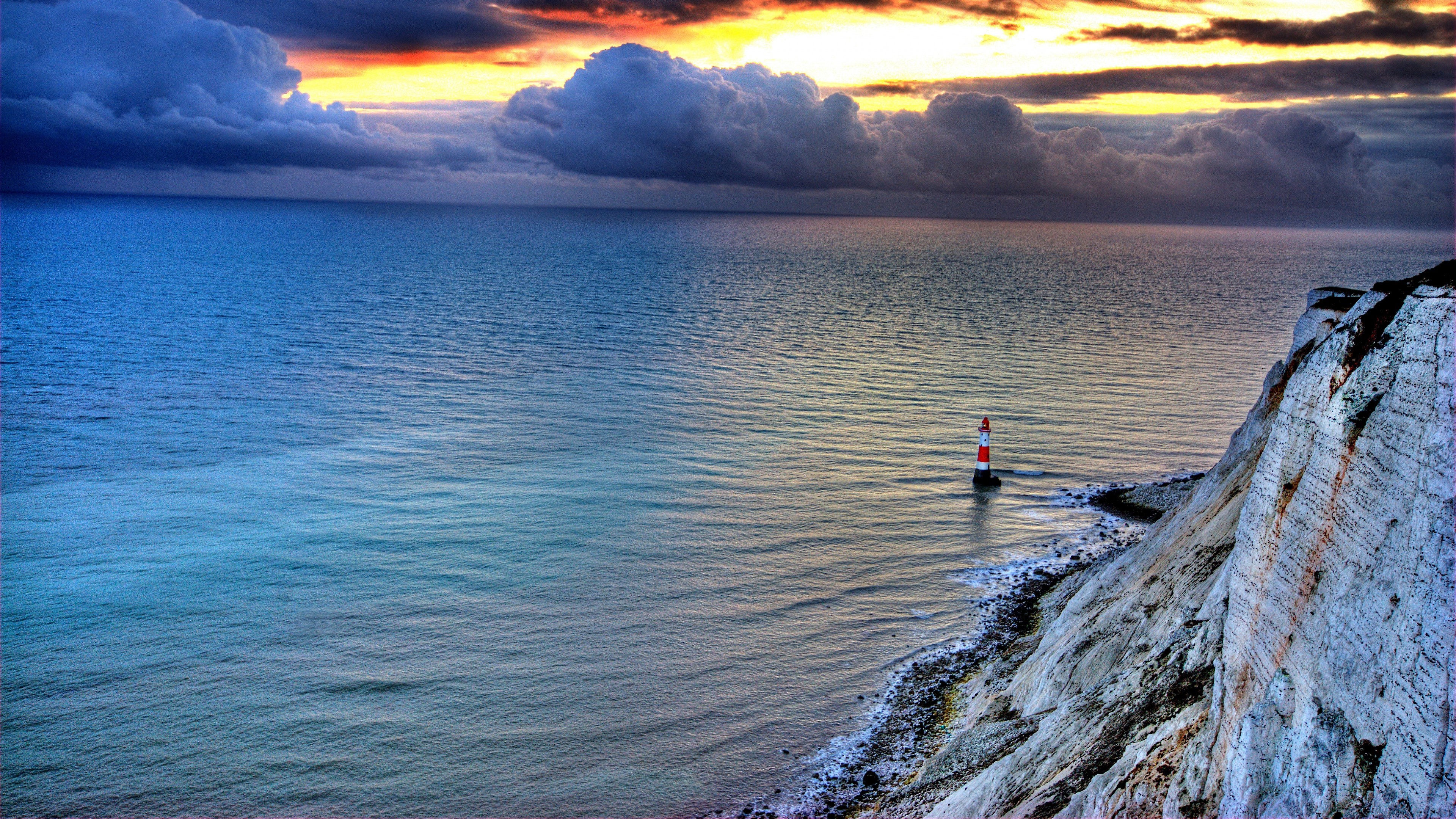 sea, lighthouse, rock, sunset, nature, HD Wallpaper