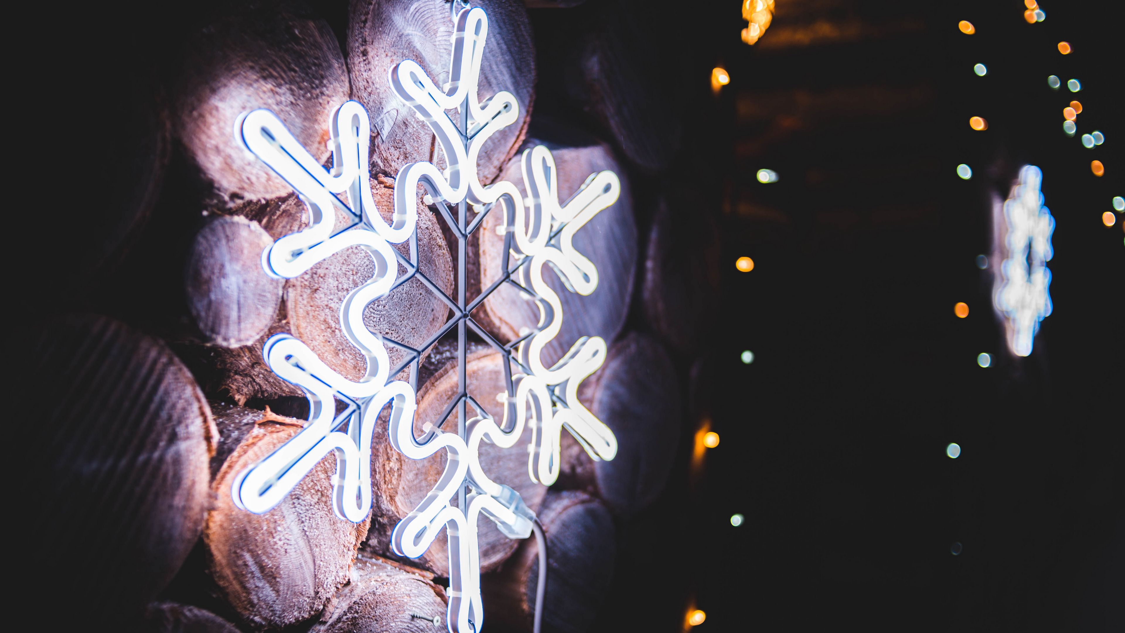 snowflake, neon, glow, light, decoration, 4k, HD Wallpaper