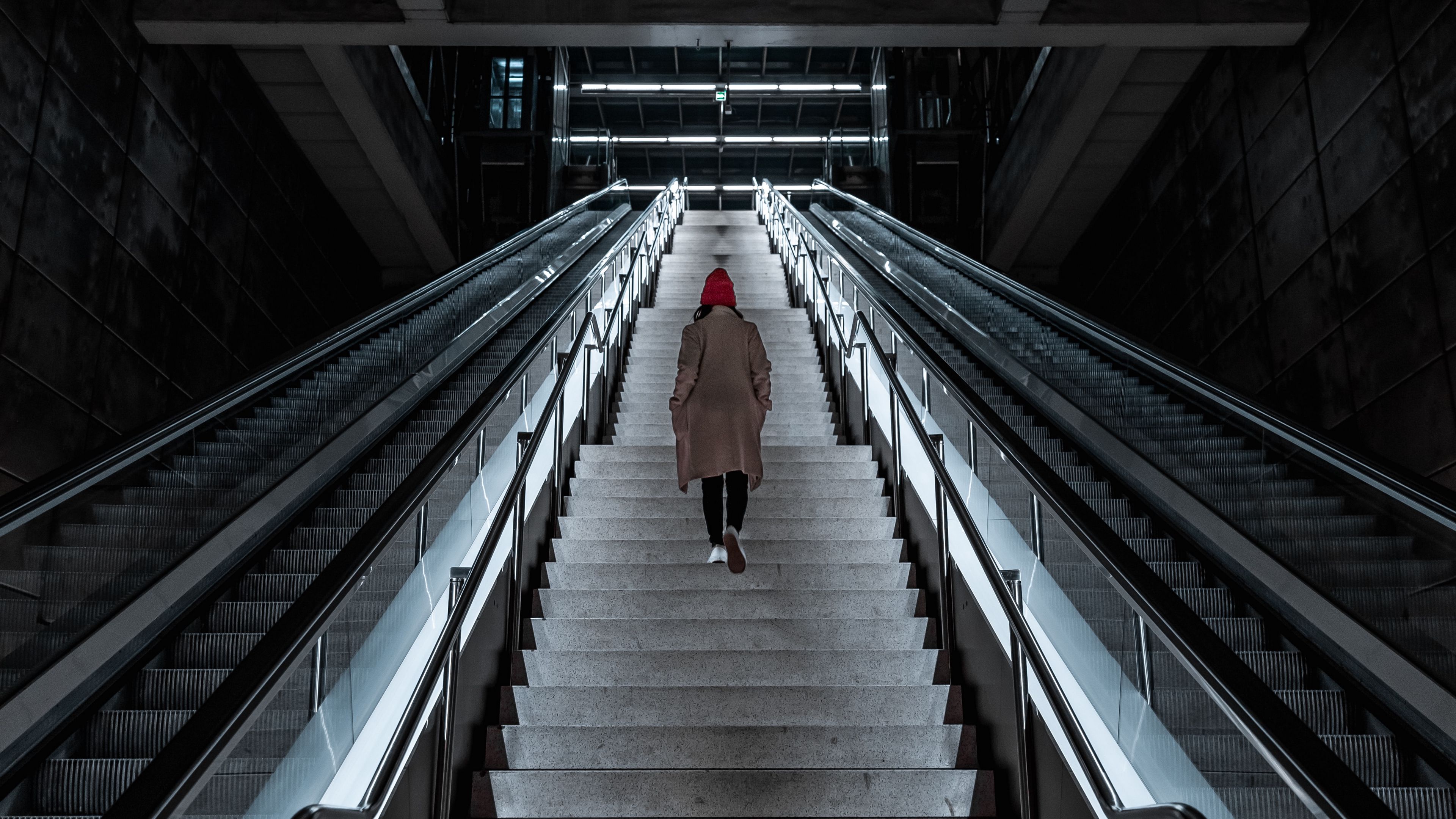 man, stairs, alone, sad, escalator, building, architecture, 4k, HD Wallpaper