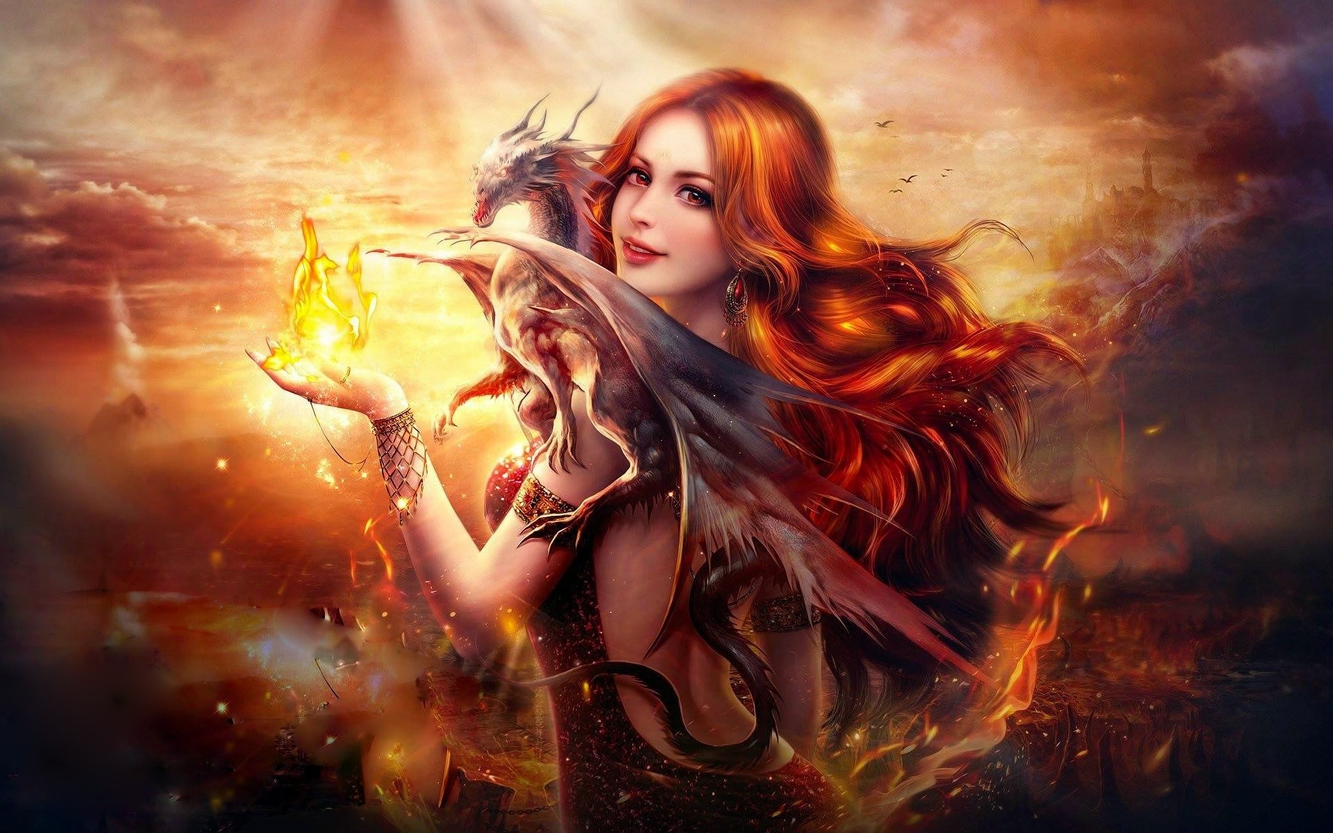 dragon, fantasy, artist, digital art, fire, fantasy girls, HD Wallpaper