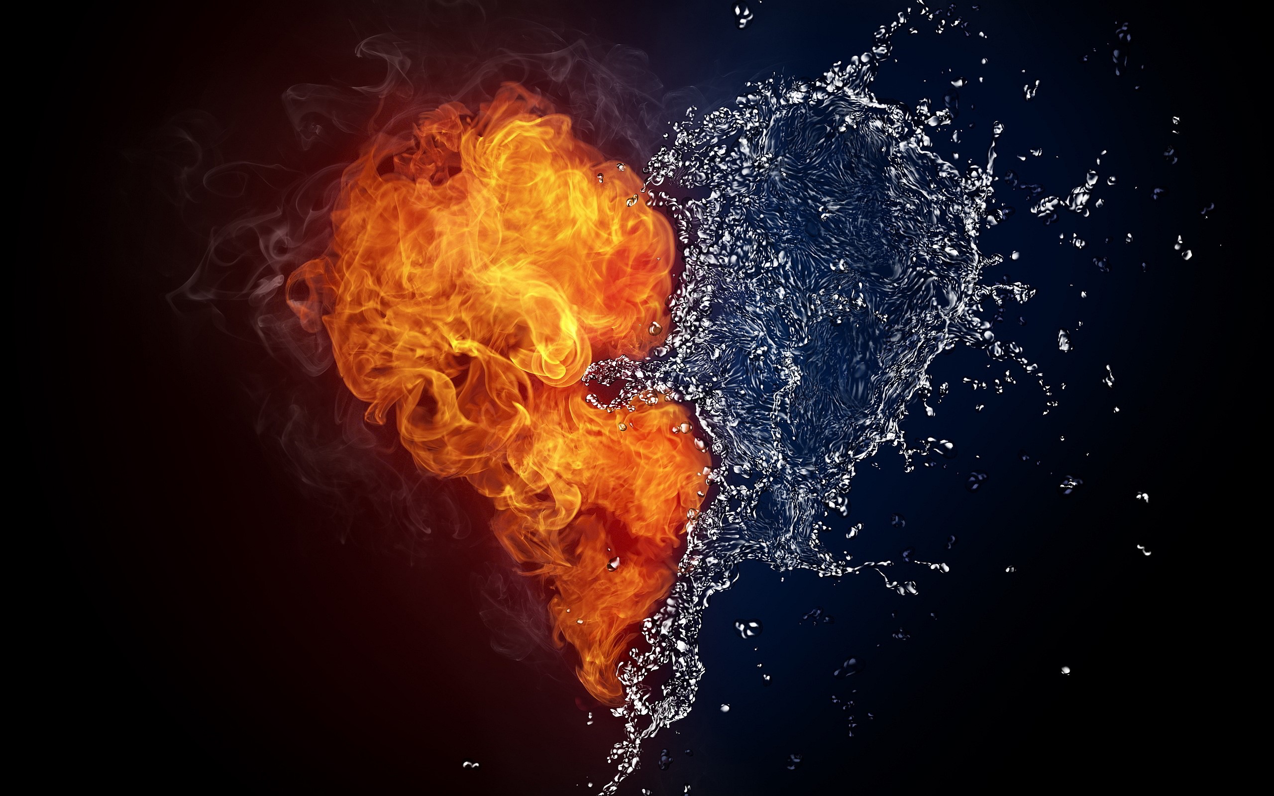 digital art, aritst, fire, water, heart, love, HD Wallpaper