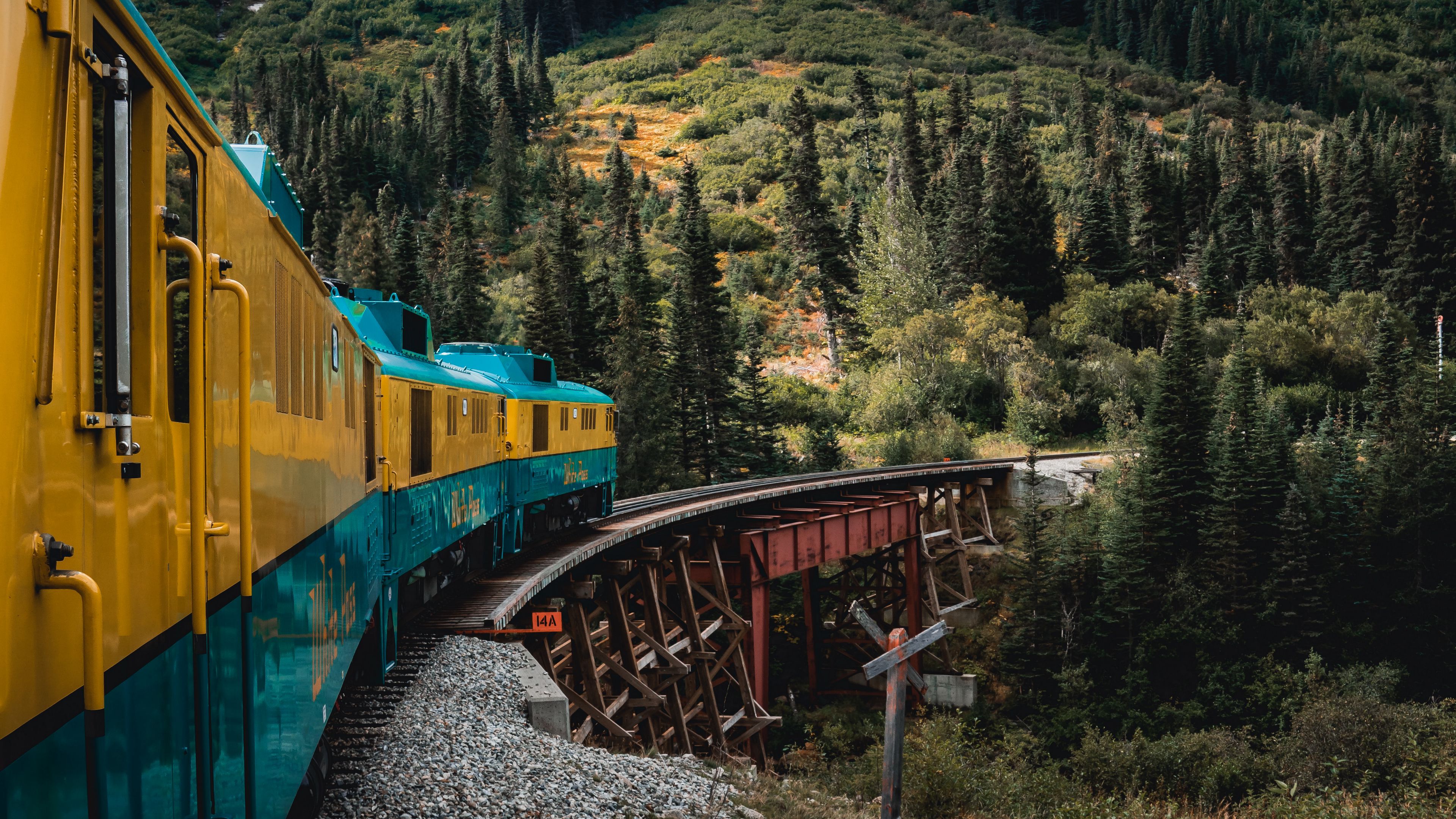 train, mountains, bridge, trees, nature, 4k, HD Wallpaper