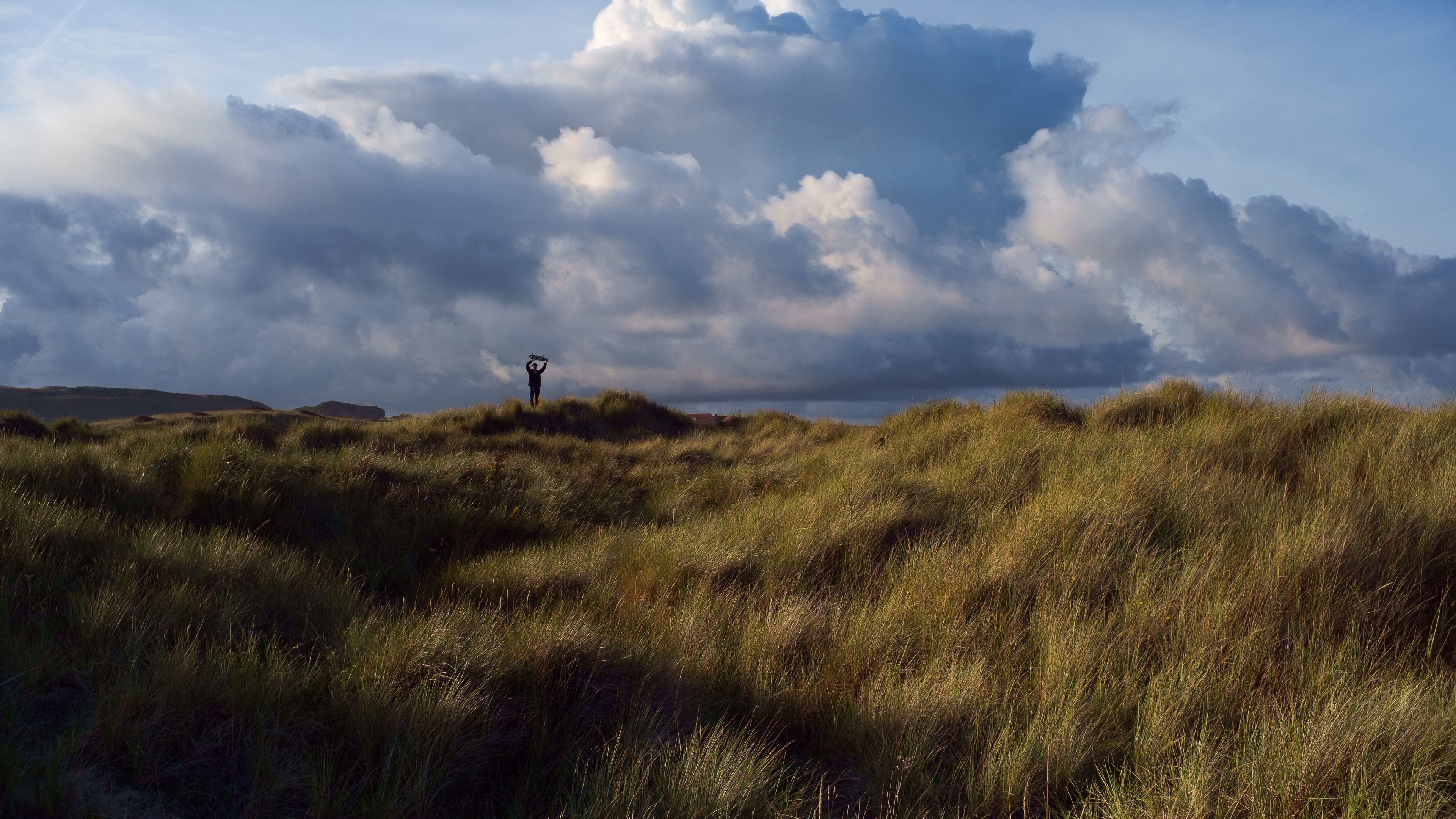 field, grass, silhouette, clouds, landscape, 4k, HD Wallpaper
