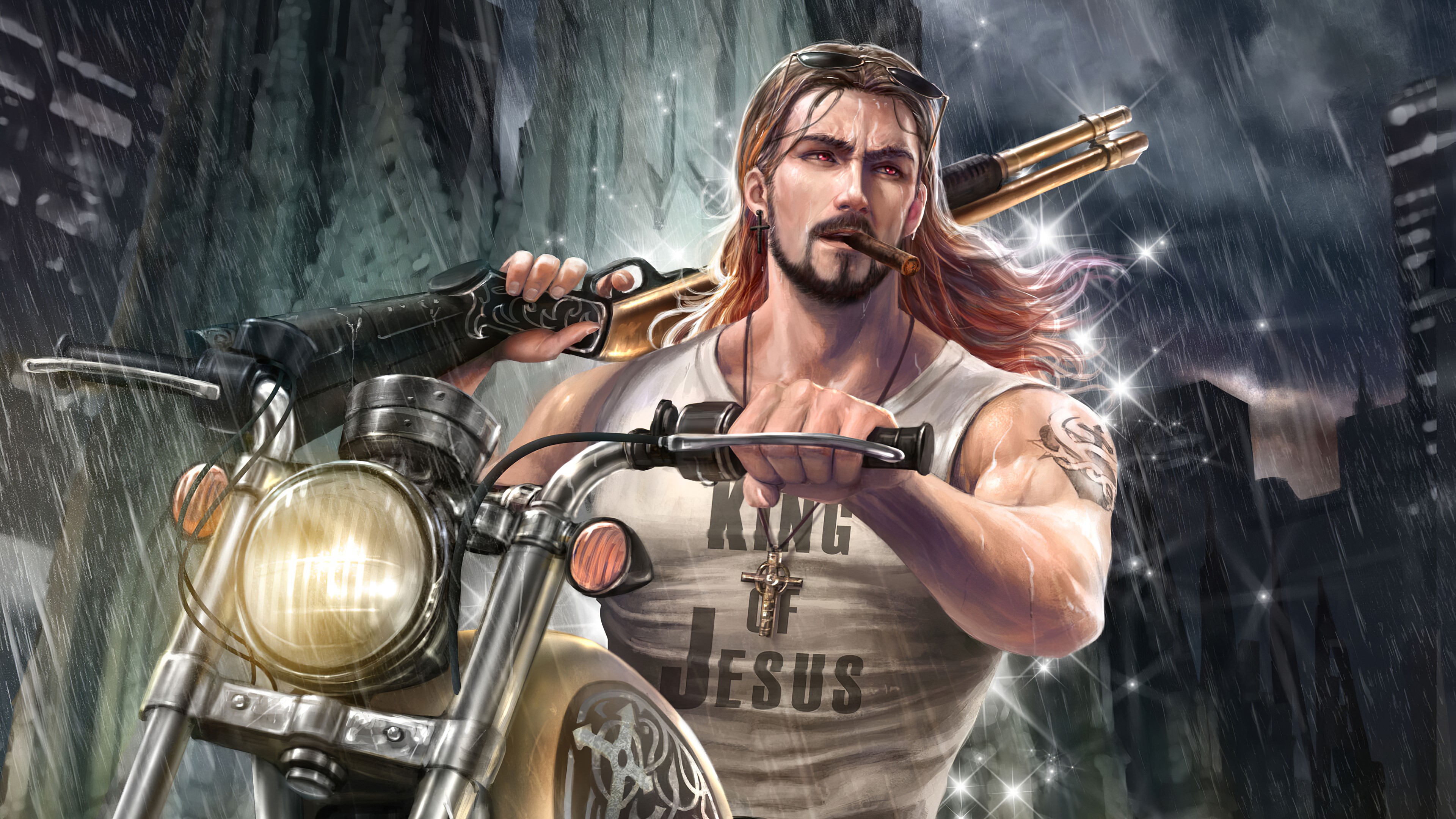 biker, gun, artist, hd, 4k, artstation, HD Wallpaper