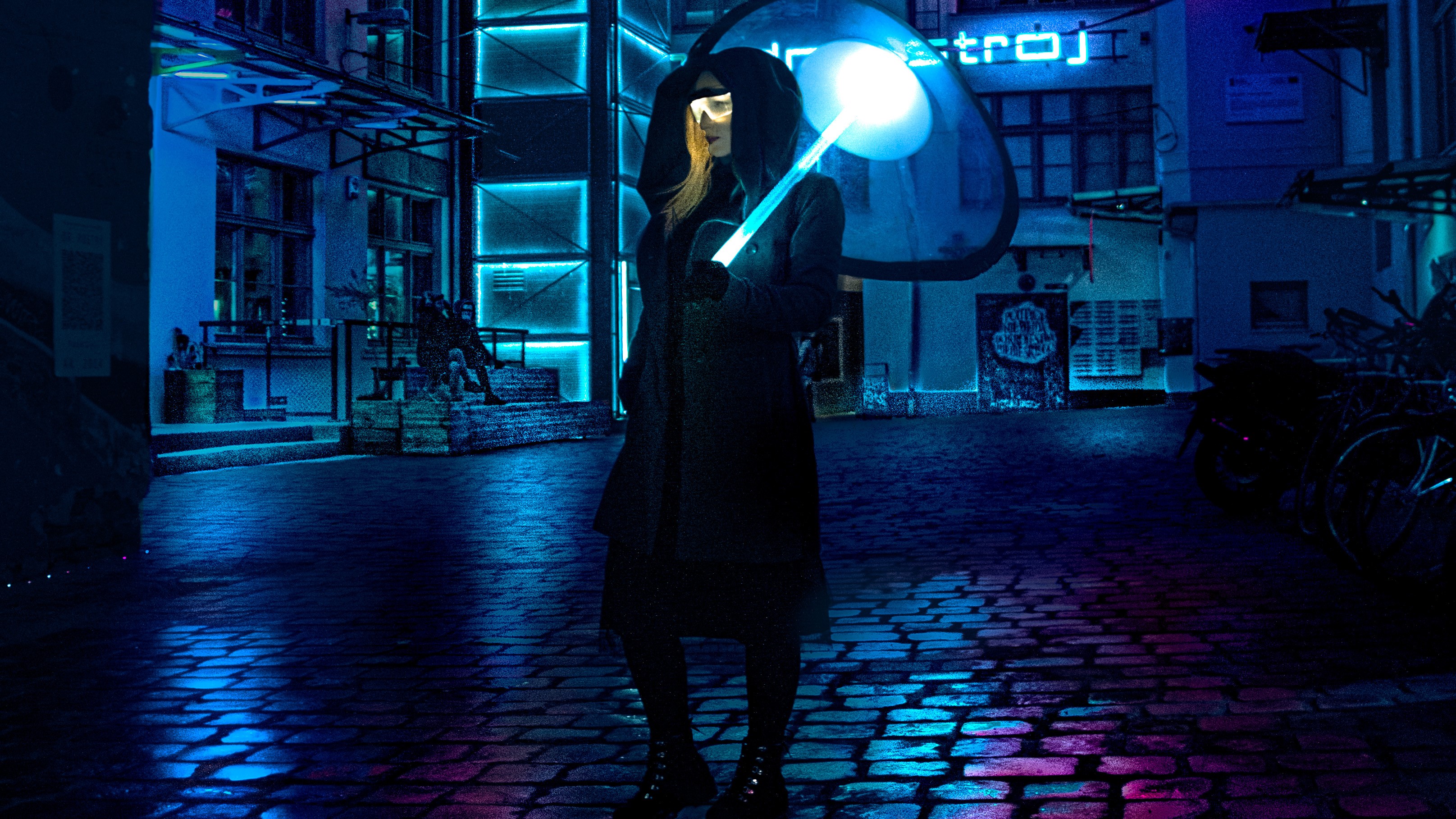cyberpunk, photography, hd, 4k, umbrella, neon, HD Wallpaper