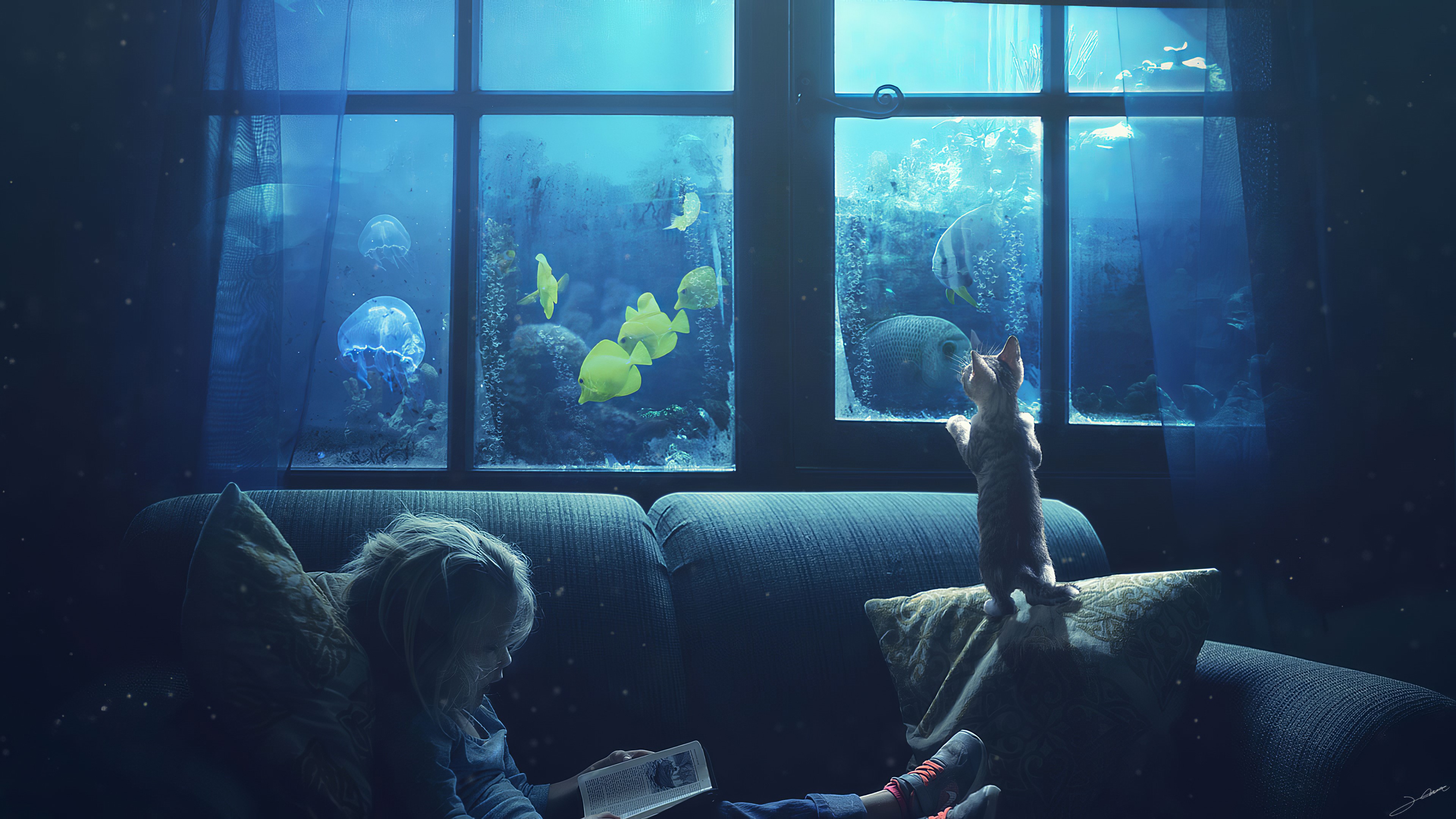 little girl, manipulation, artist, artwork, digital art, hd, 4k, deviantart, cat, HD Wallpaper