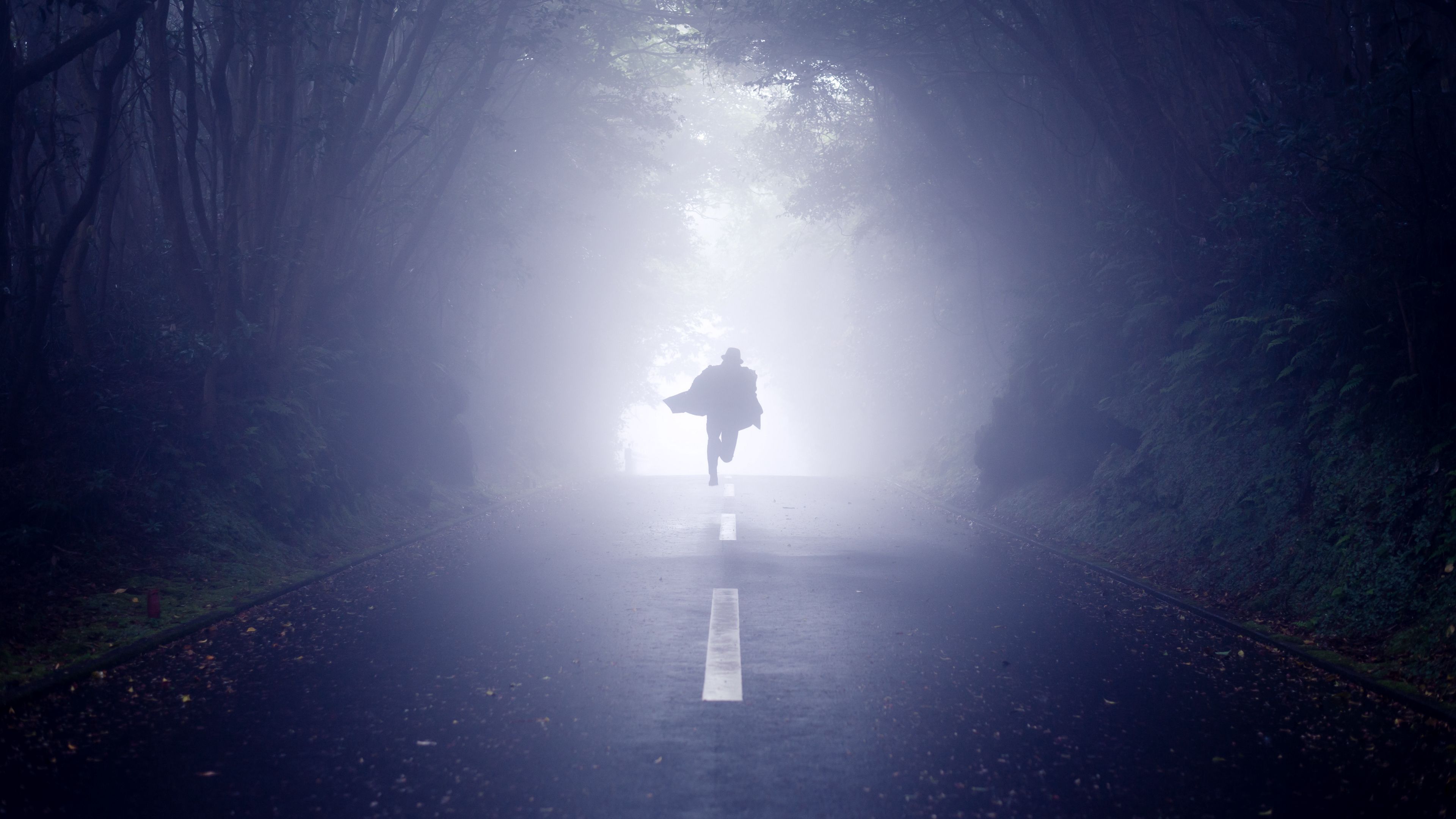 silhouette, road, fog, run, alone, 4k, HD Wallpaper