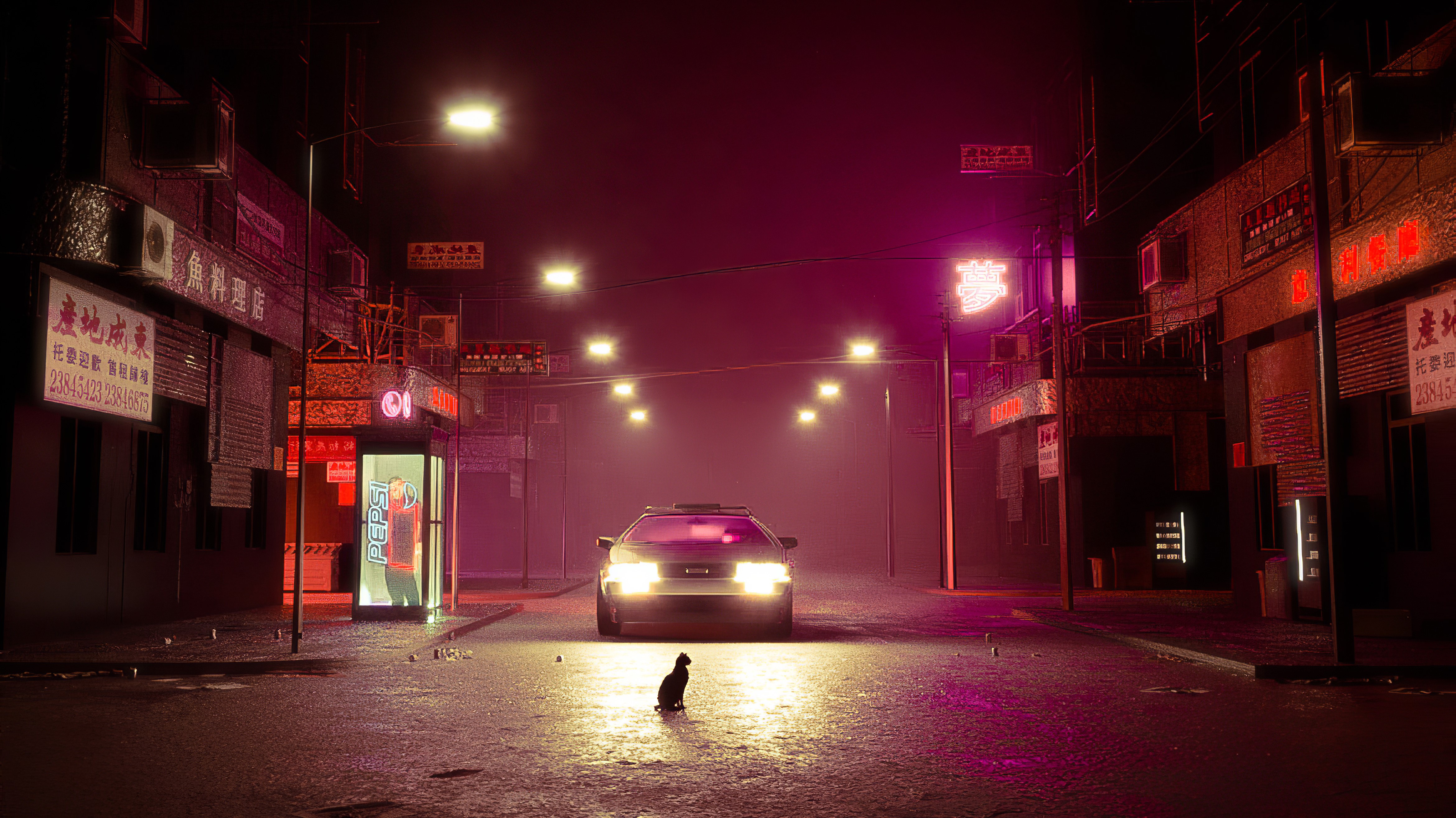 cat, road, delorean, cars, artist, artwork, digital art, hd, 4k, artstation, HD Wallpaper