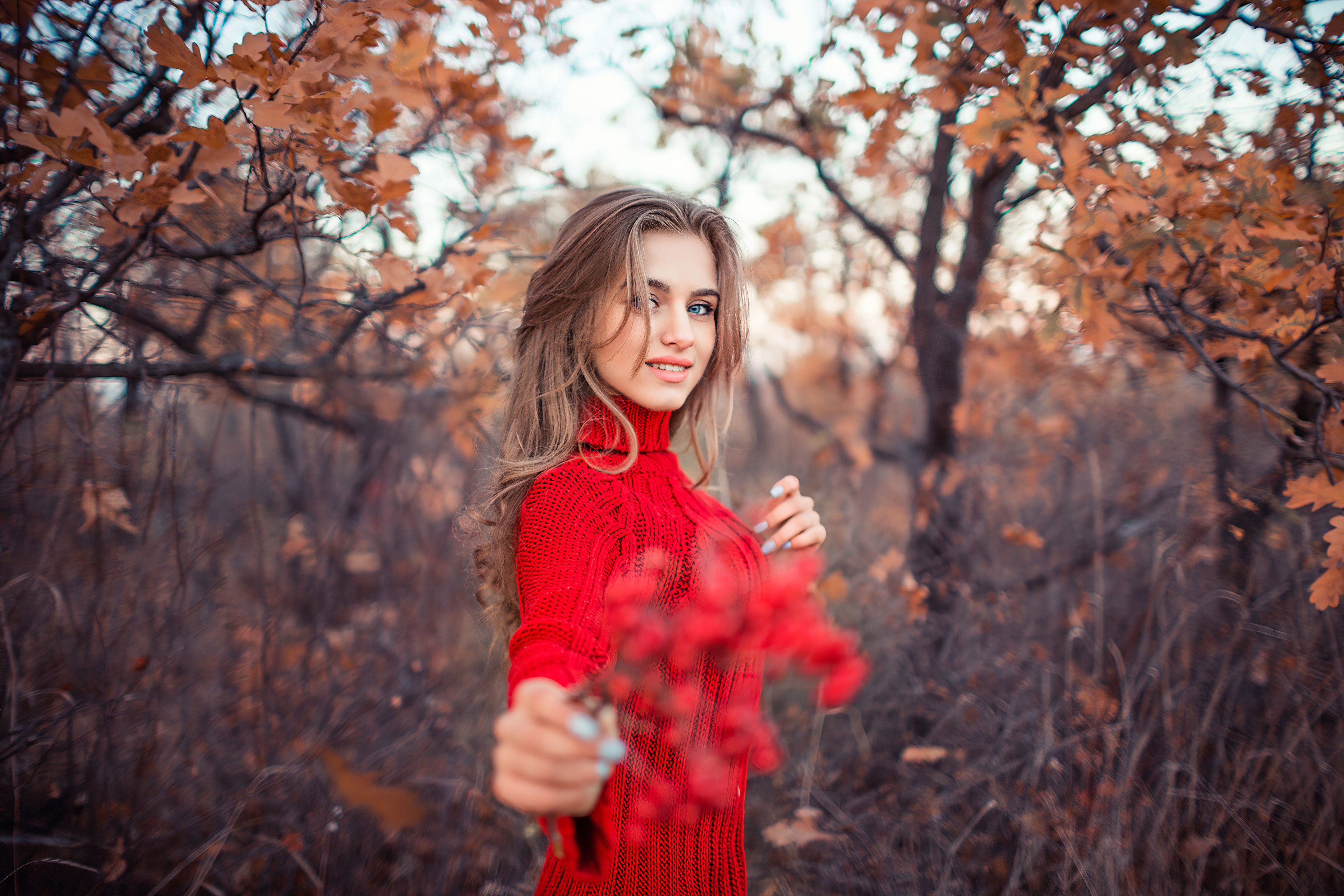 girls, model, hd, red dress, autumn, nature, hd, 4k, HD Wallpaper
