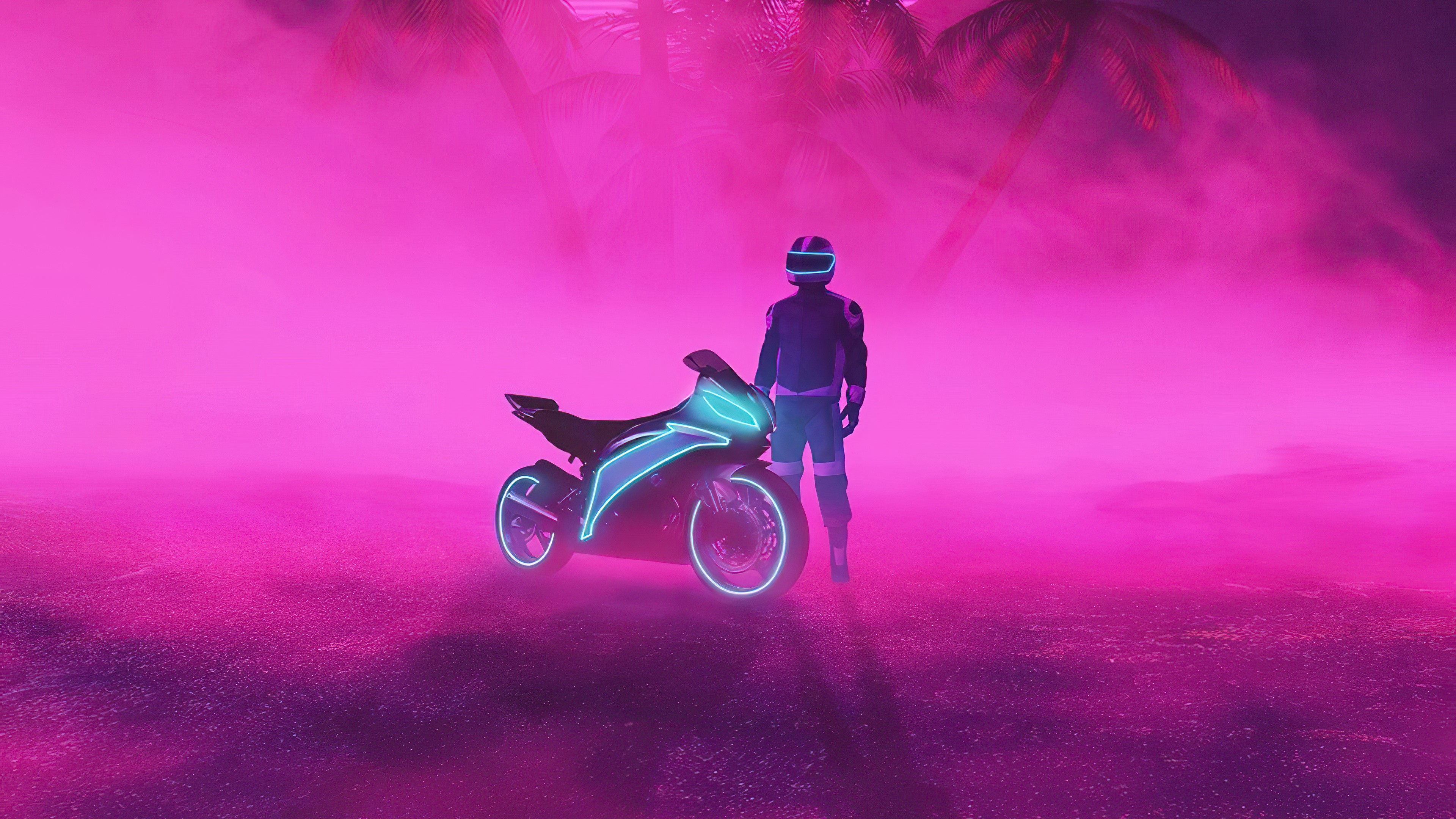 neon, biker, artist, artwork, digital art, hd, 4k, pink, HD Wallpaper