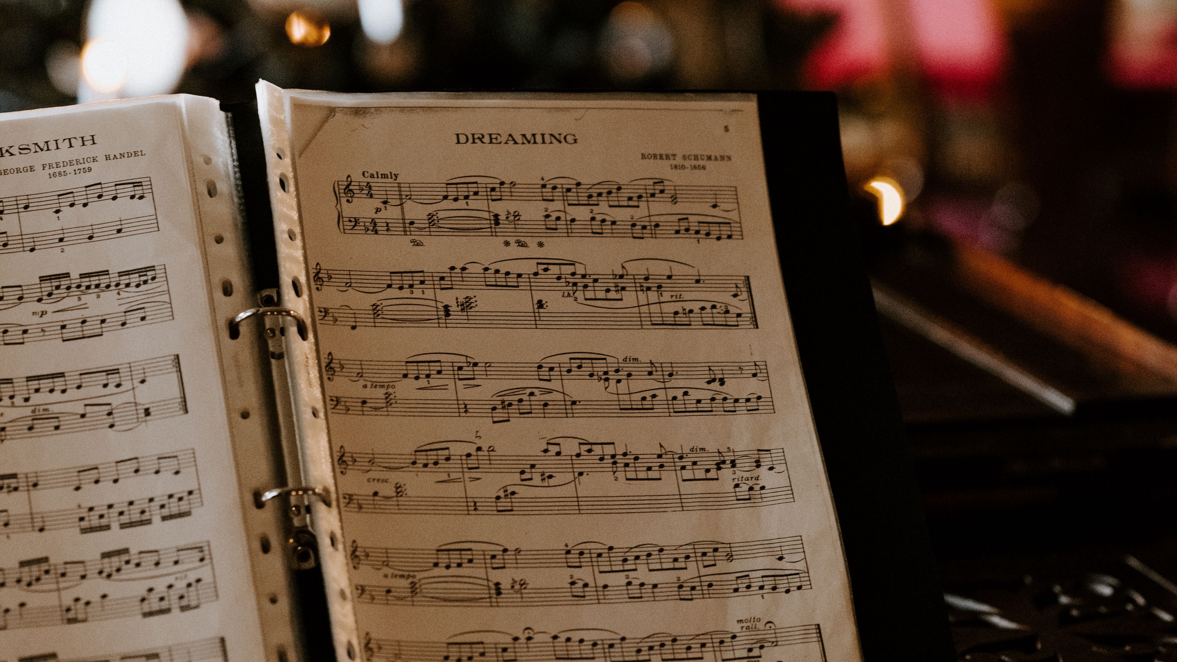 notebook, notes, music, glare, bokeh, 4k, HD Wallpaper