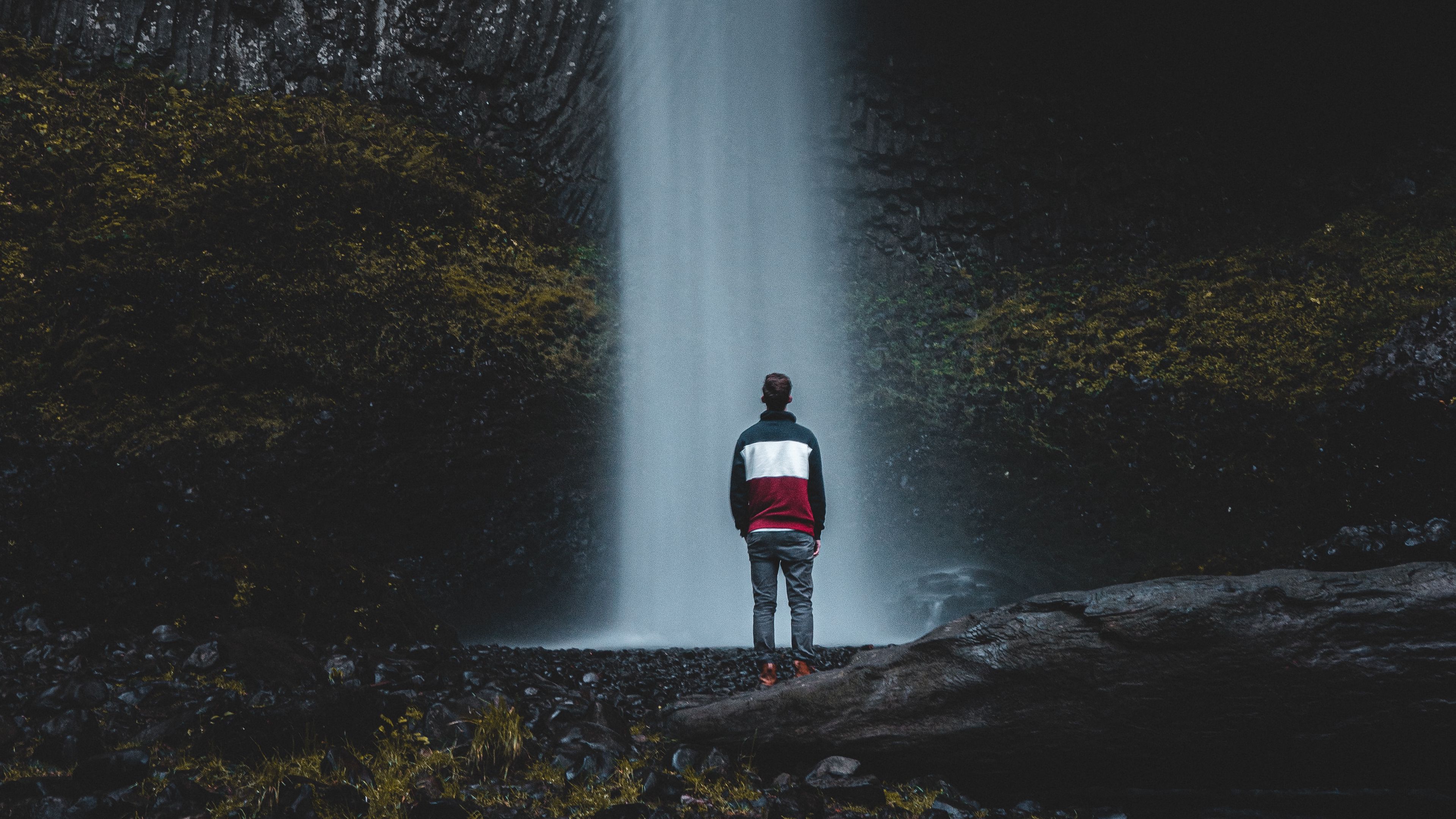 waterfall, man, water, rock, stones, 4k, HD Wallpaper