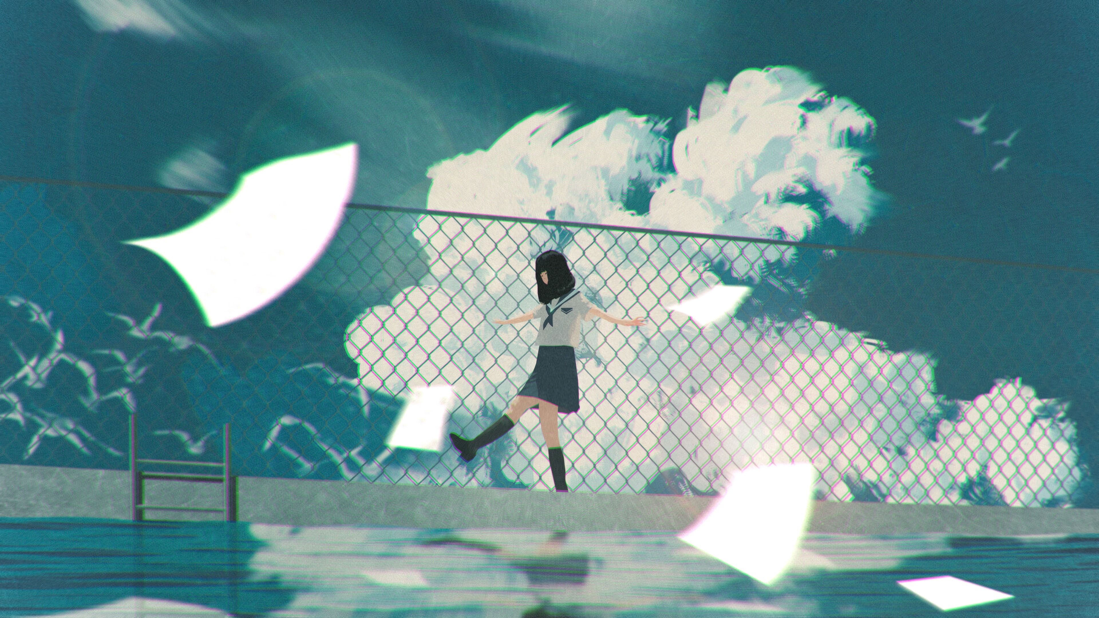 girl, walk, anime, clouds, water, 4k, HD Wallpaper