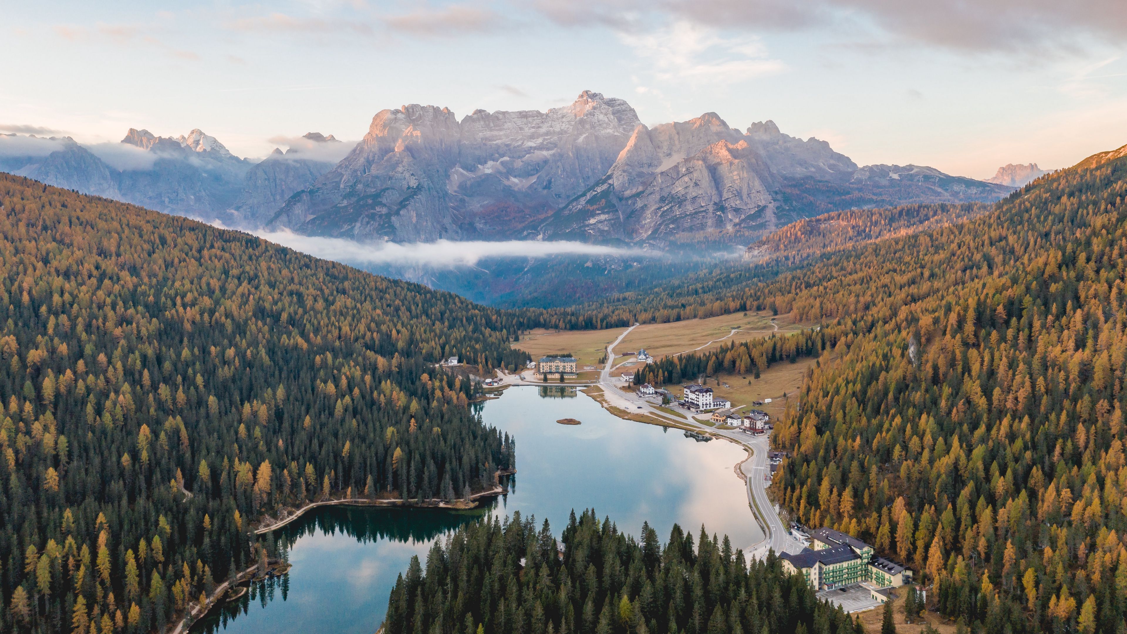 lake, mountains, forest, aerial view, landscape, 4k, HD Wallpaper