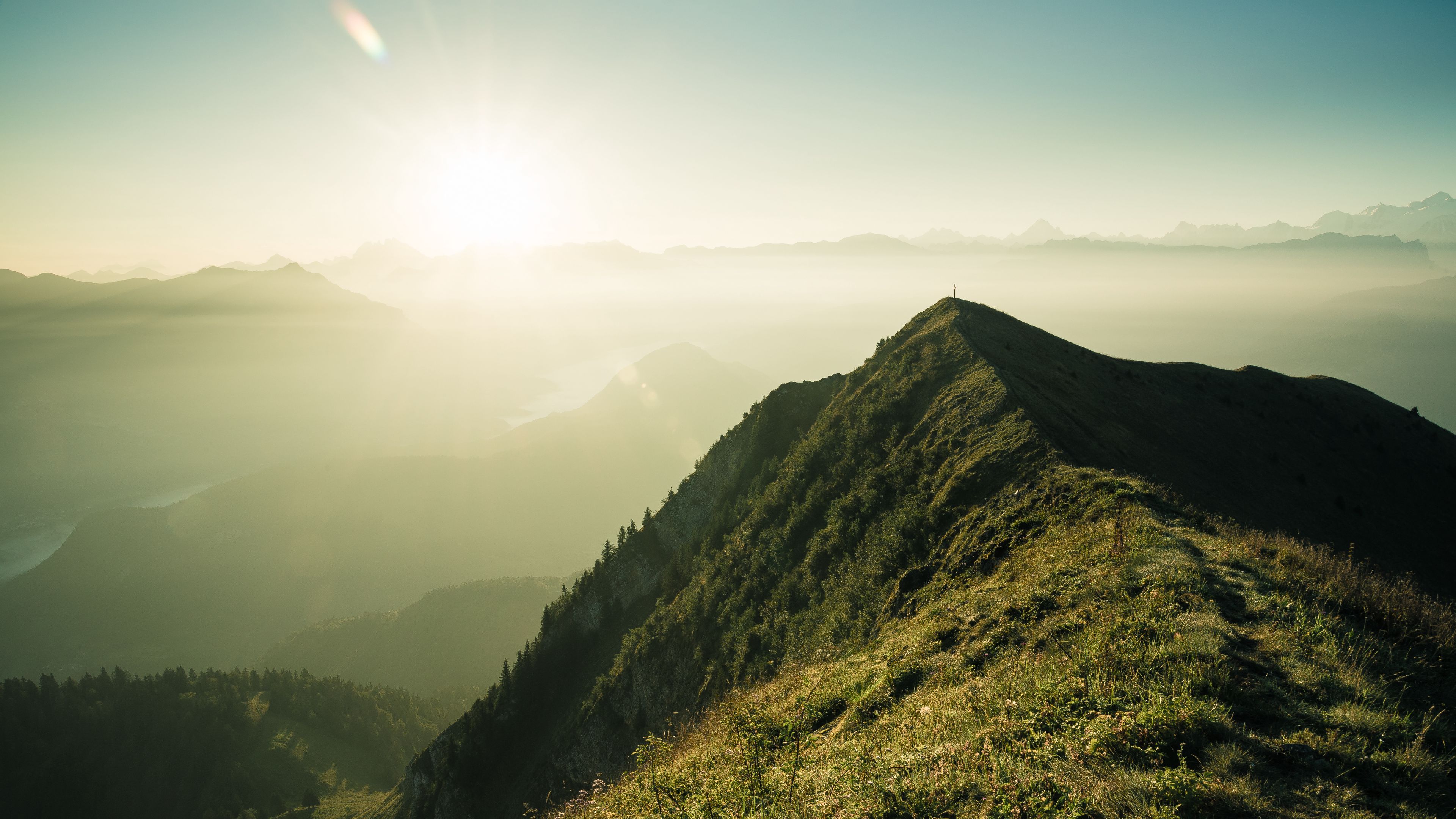 mountain, peak, sunlight, fog, grass, 4k, HD Wallpaper