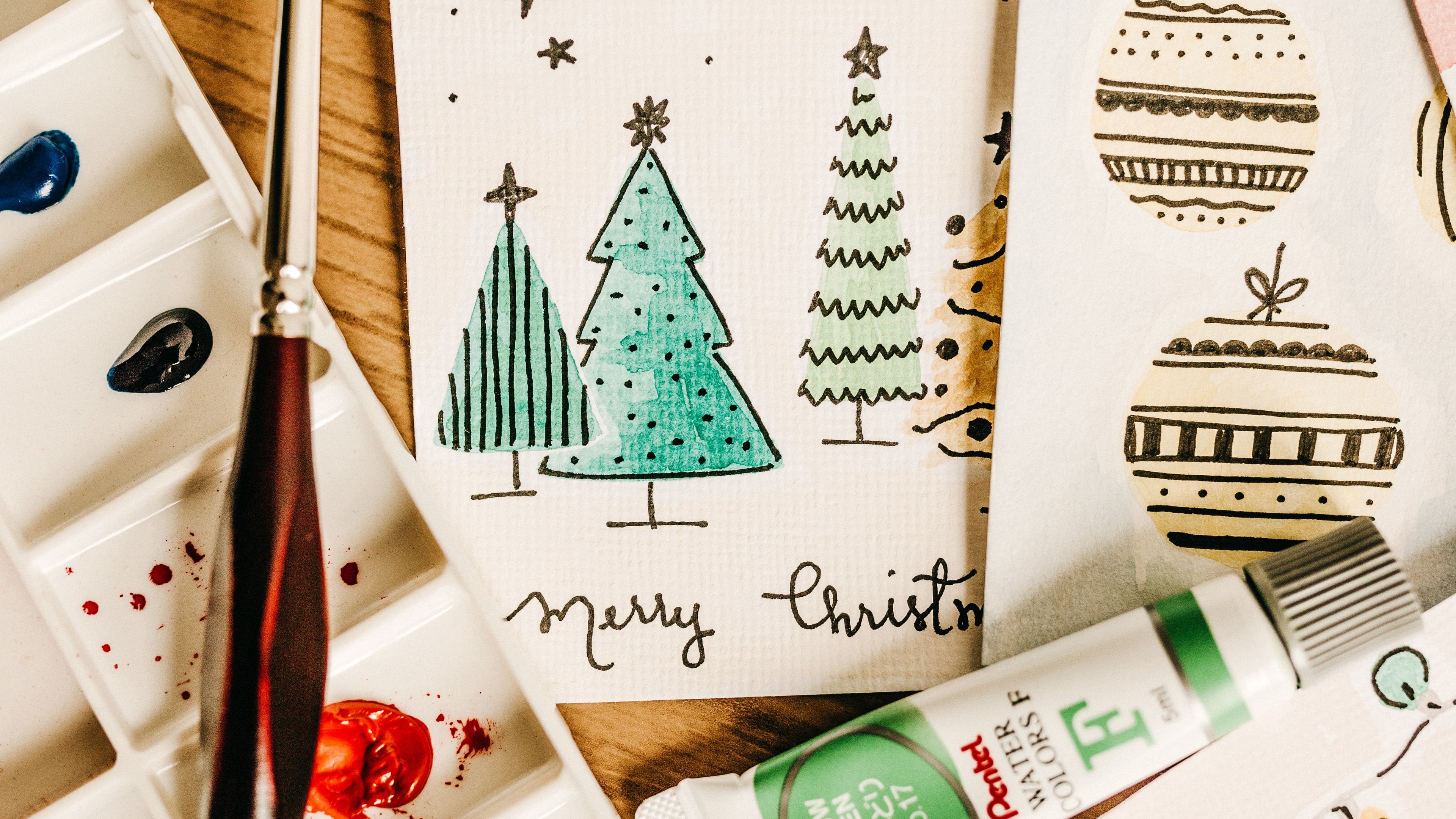 cards, paints, brush, drawing, christmas, new year, 4k, HD Wallpaper