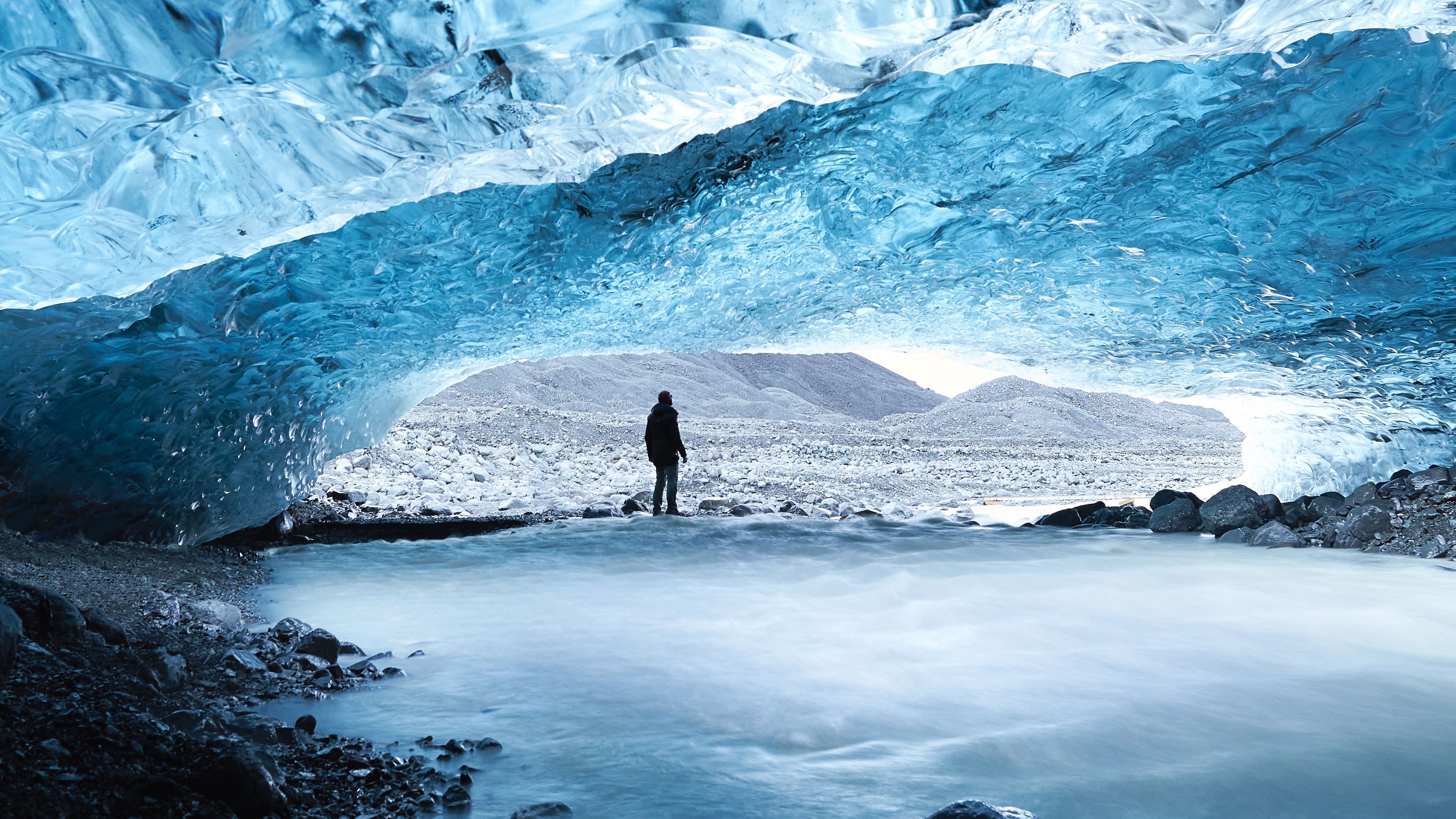 cave, ice, man, glacier, frozen, 4k, HD Wallpaper