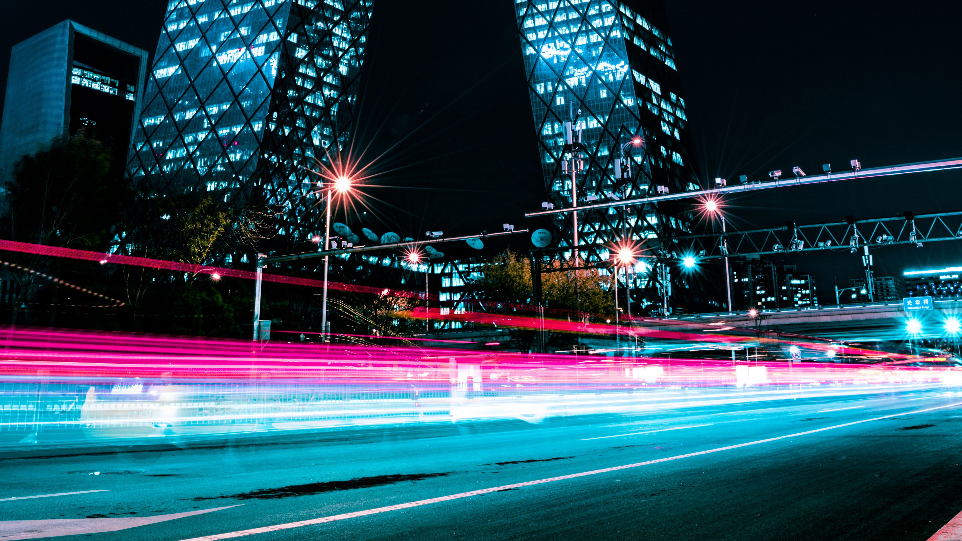 night city, building, architecture, lights, long exposure, 4k, HD Wallpaper