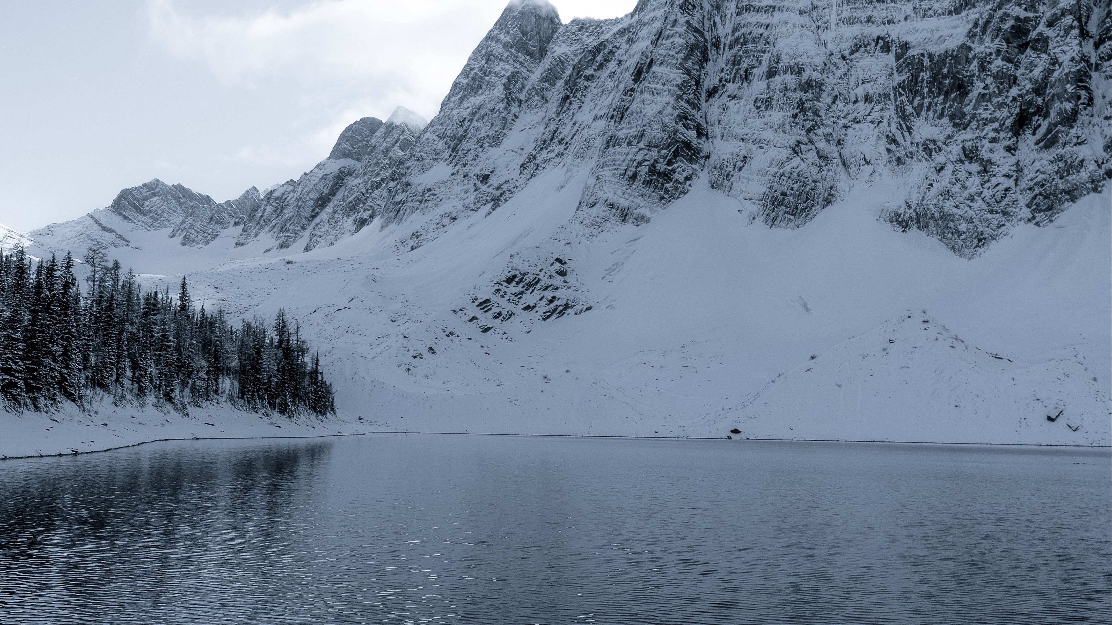 lake, mountain, snow, winter, landscape, 4k, HD Wallpaper