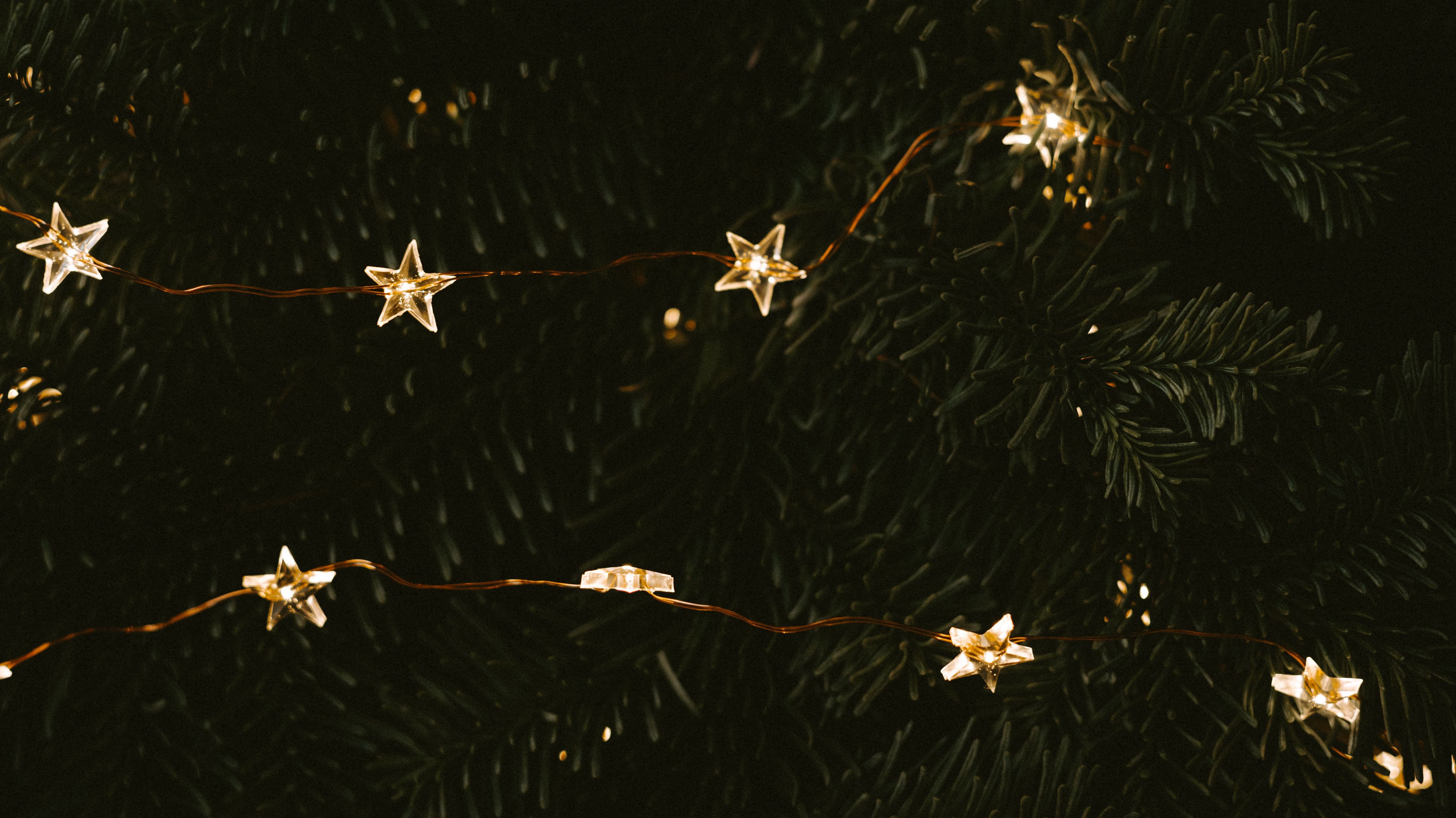 garland, stars, tree, decoration, new year, 4k, HD Wallpaper