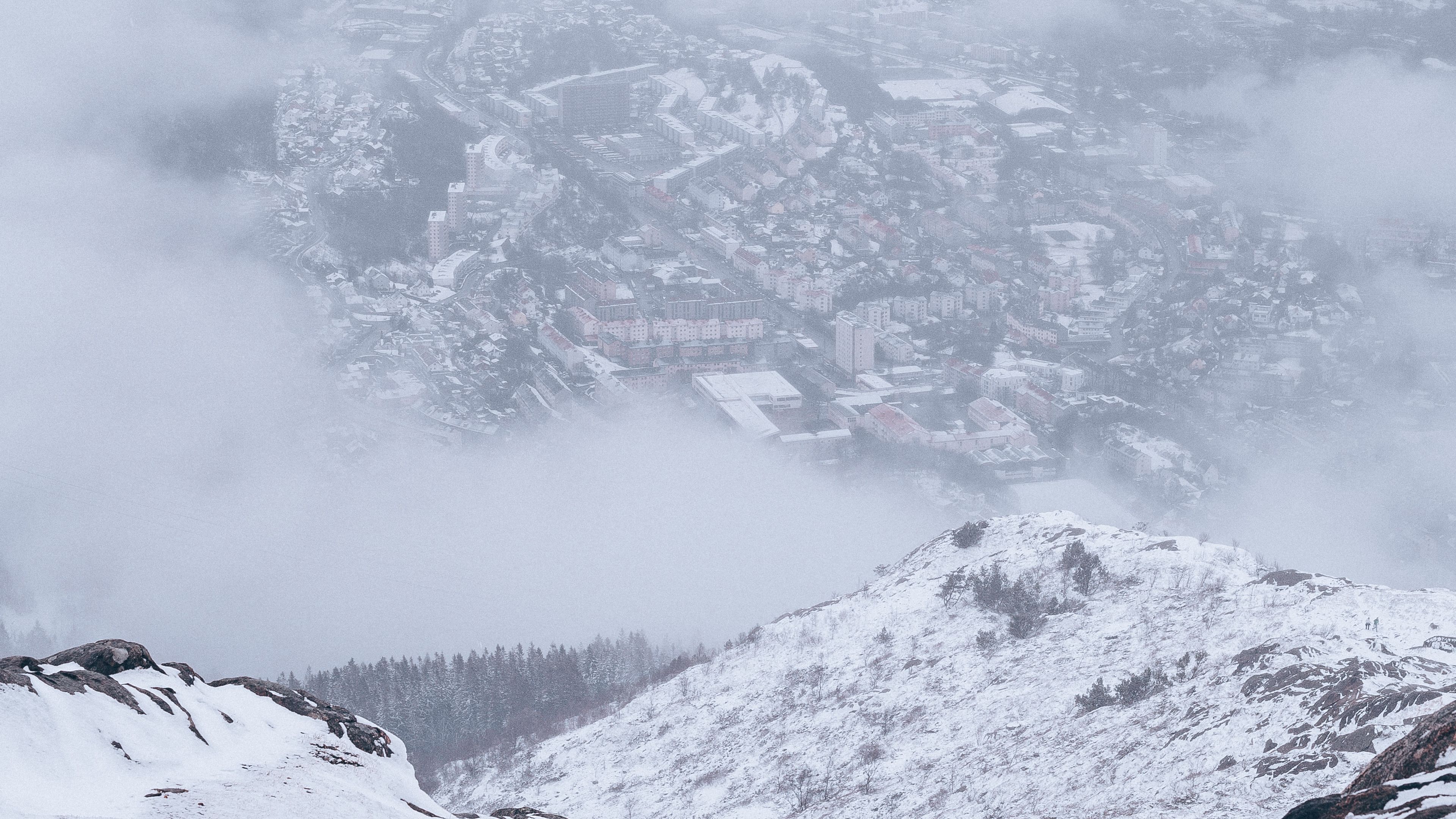 mountains, city, aerial view, fog, snow, clouds, 4k, HD Wallpaper