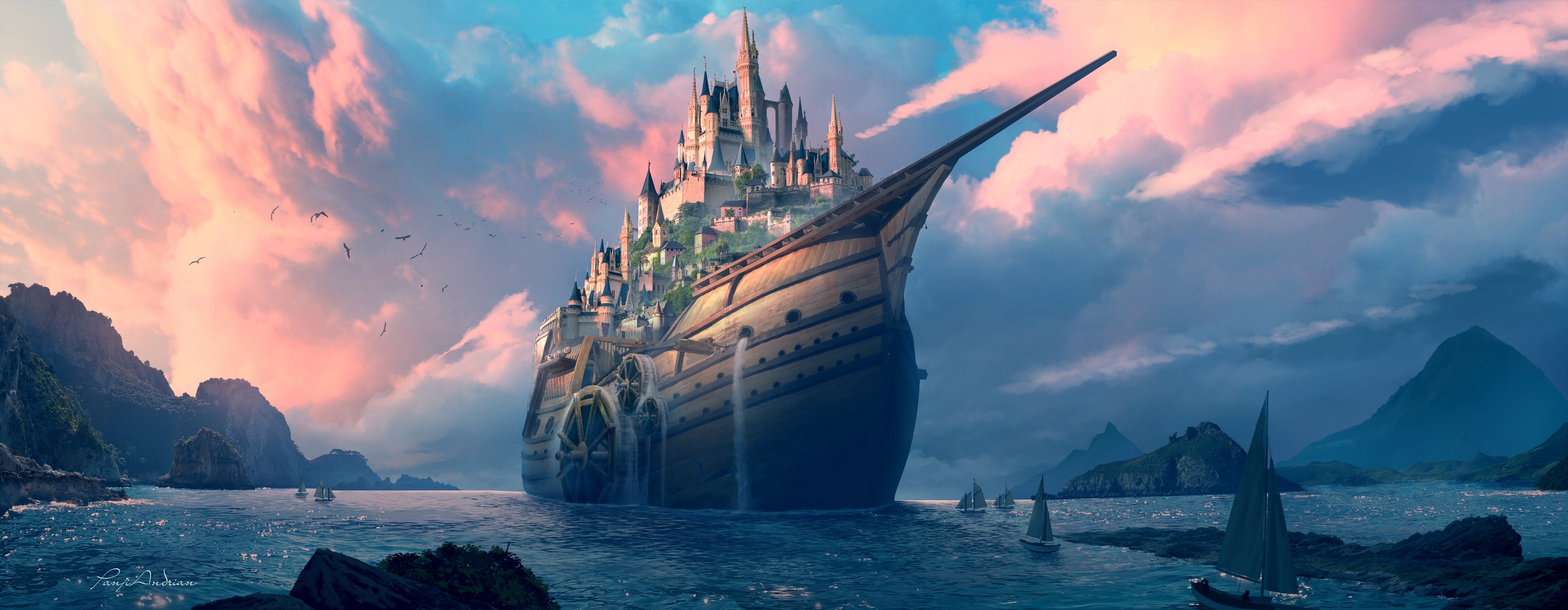 castle, ship, artist, artwork, digital art, hd, 4k, deviantart, HD Wallpaper