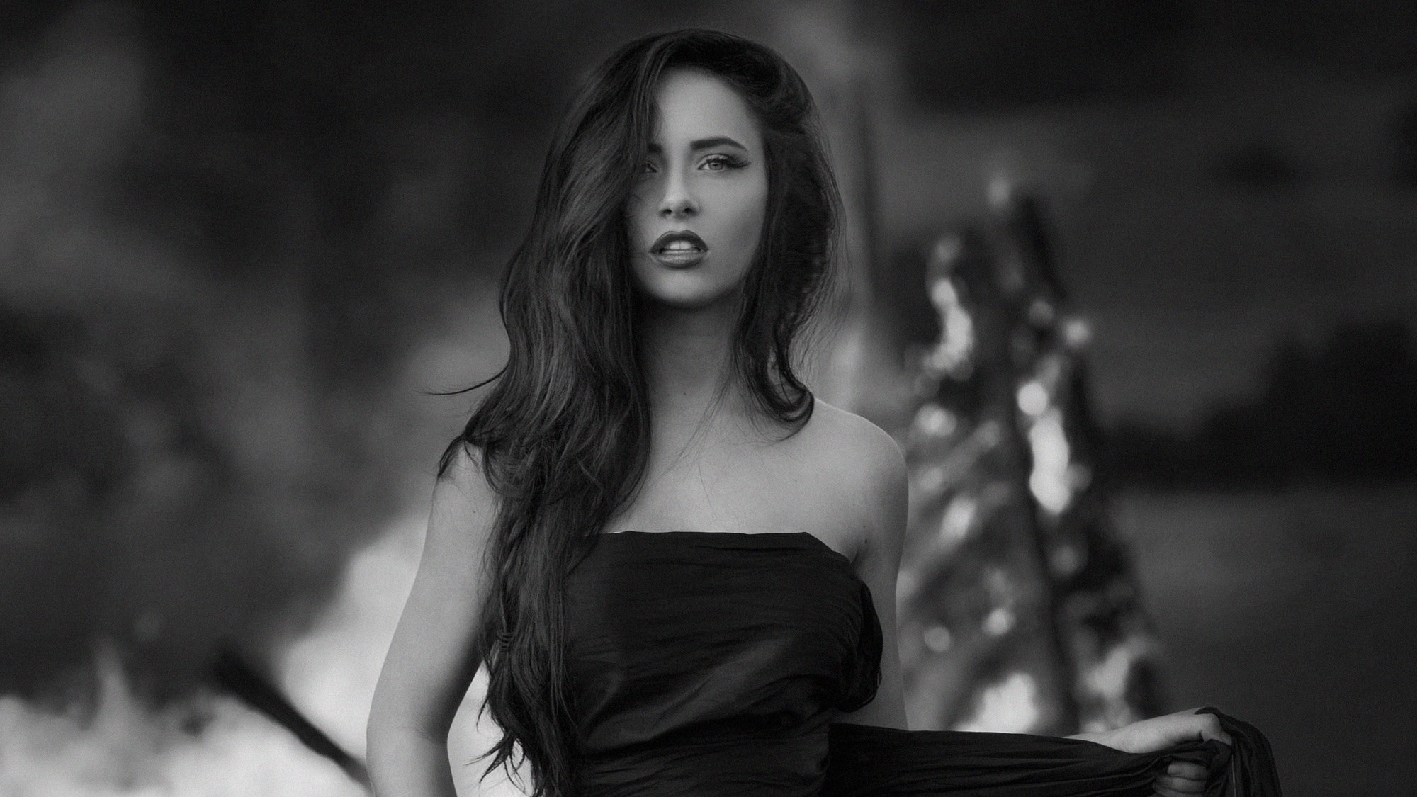 black dress, girls, model, hd, monochrome, black and white, HD Wallpaper