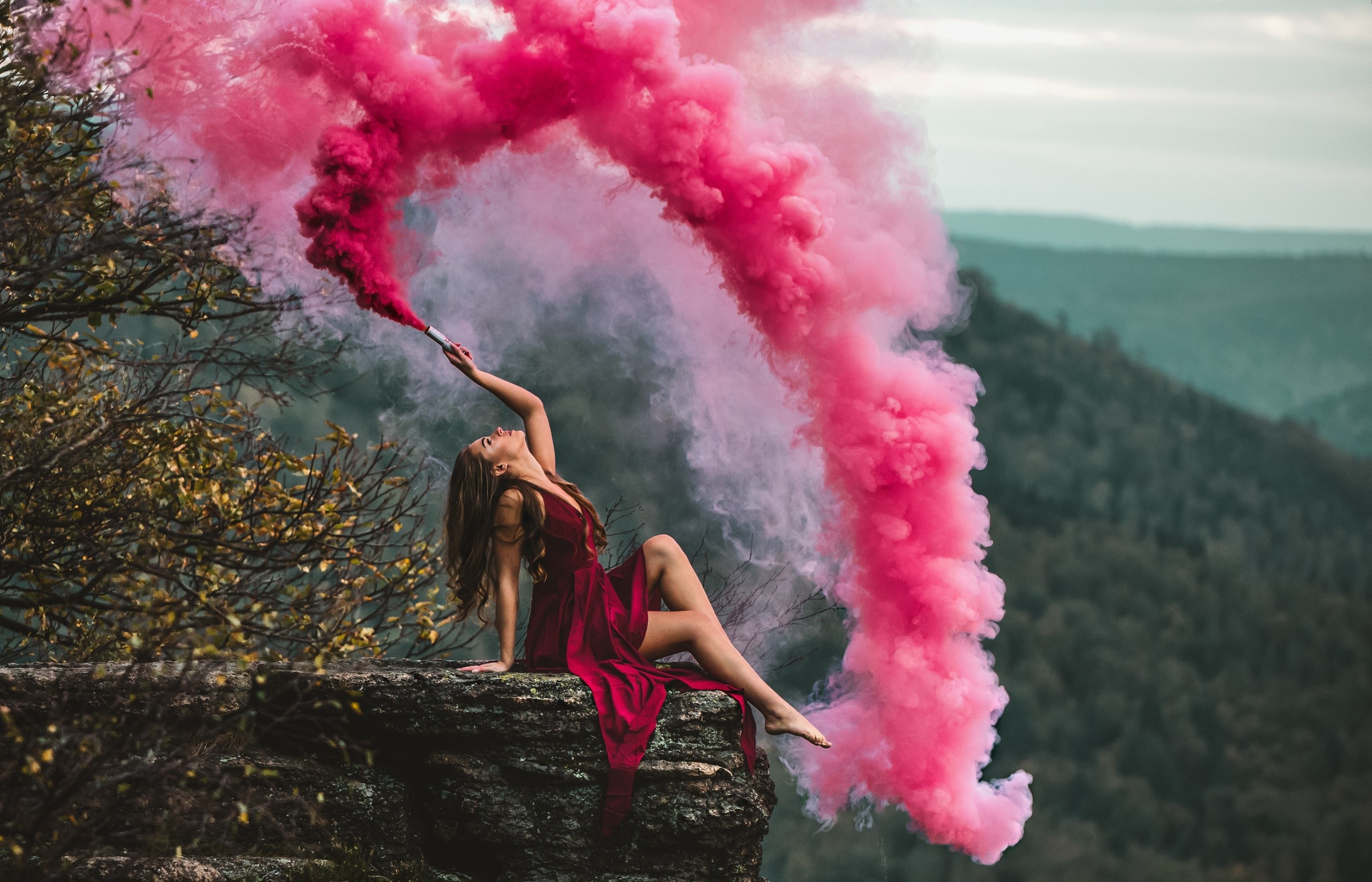 red dress, girls, model, hd, smoke, HD Wallpaper