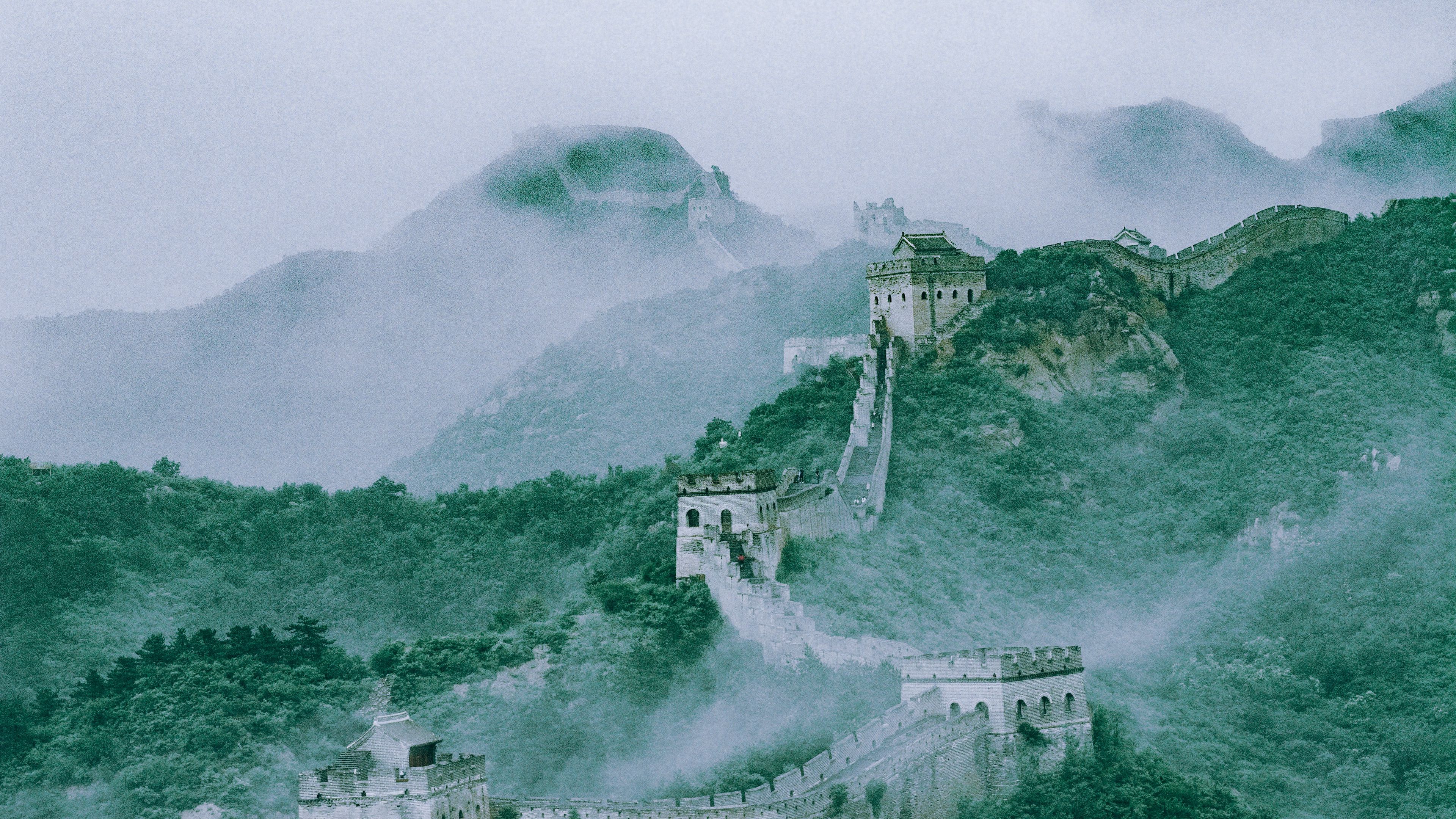 mountains, fog, wall, building, aerial view, 4k, HD Wallpaper