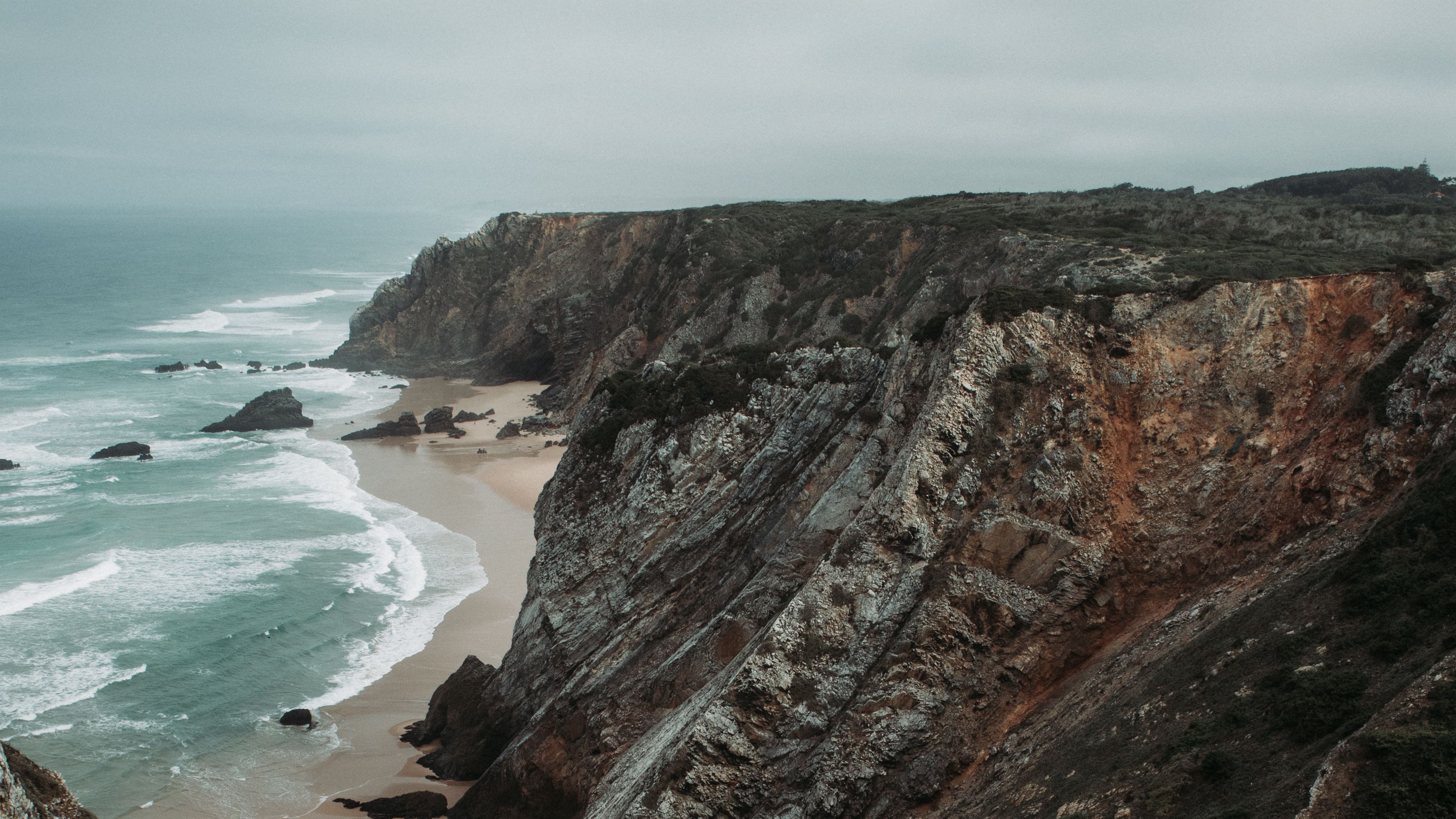 coast, cliffs, beach, sea, waves, 4k, HD Wallpaper