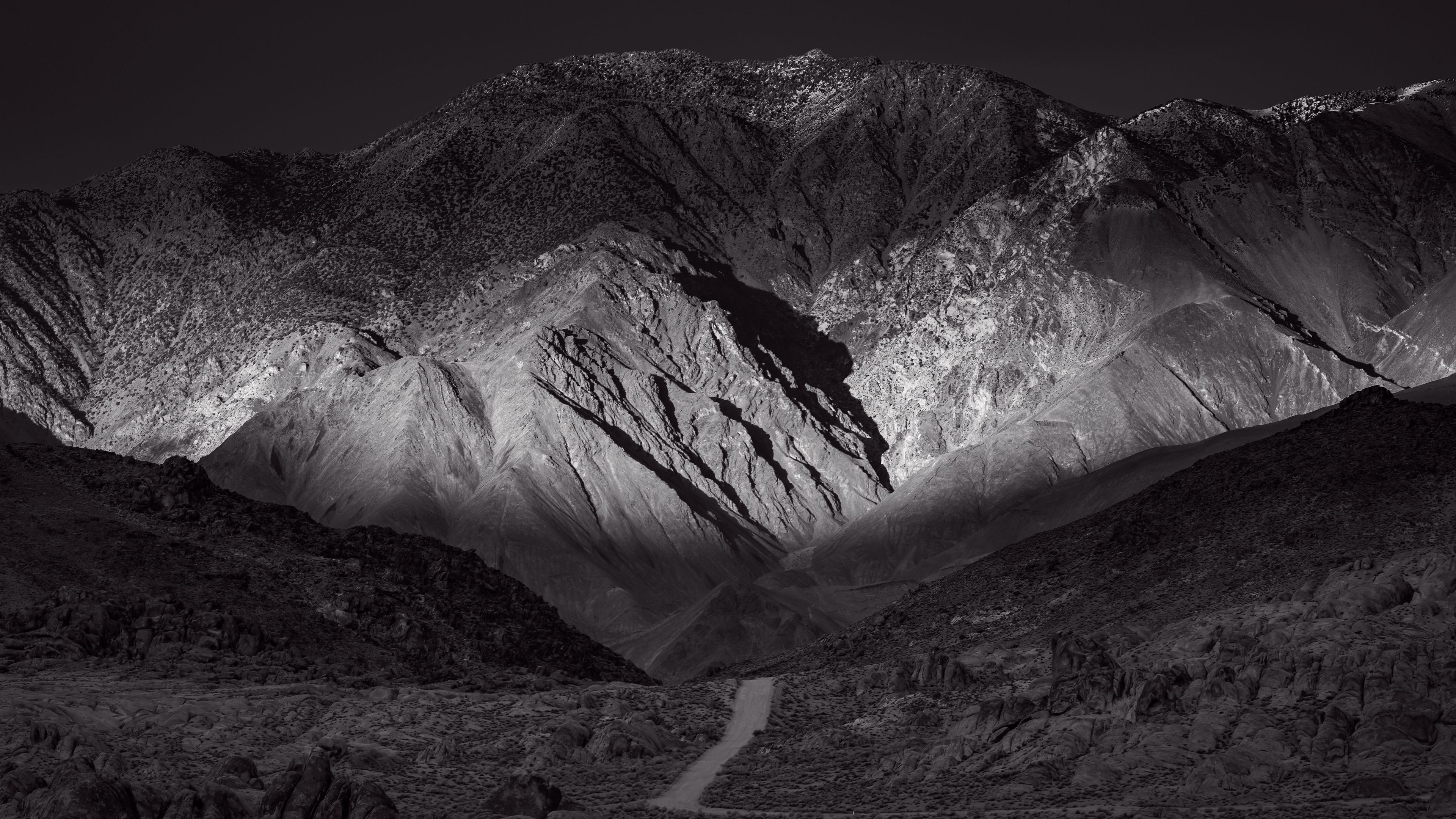 mountains, road, bw, hills, landscape, 4k, HD Wallpaper