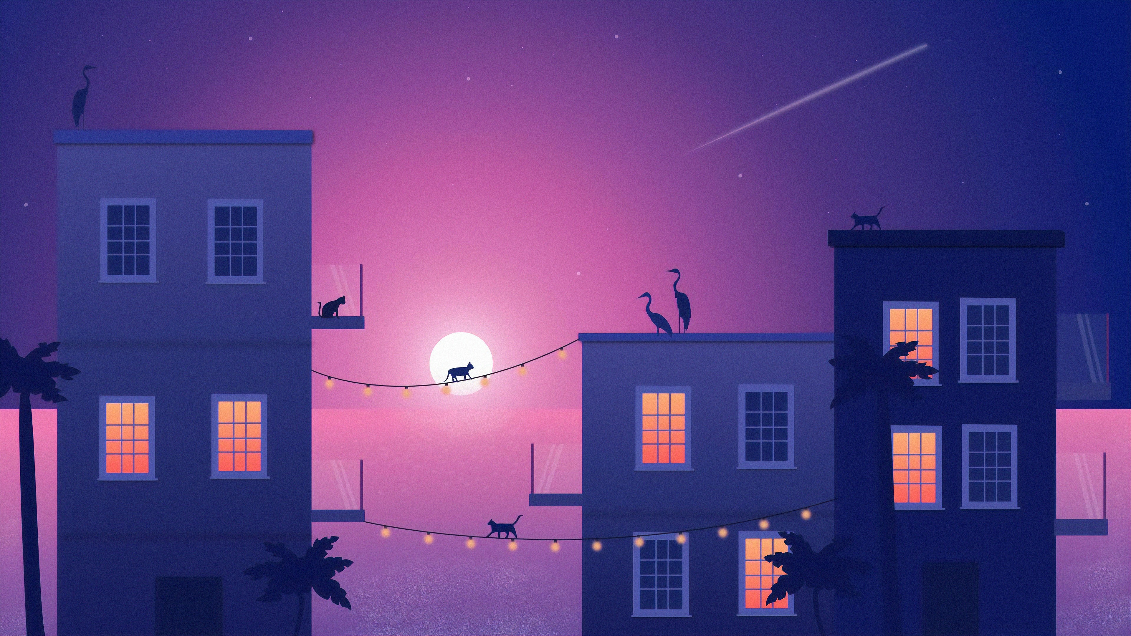 artist, artwork, digital art, hd, 4k, cat, birds, HD Wallpaper