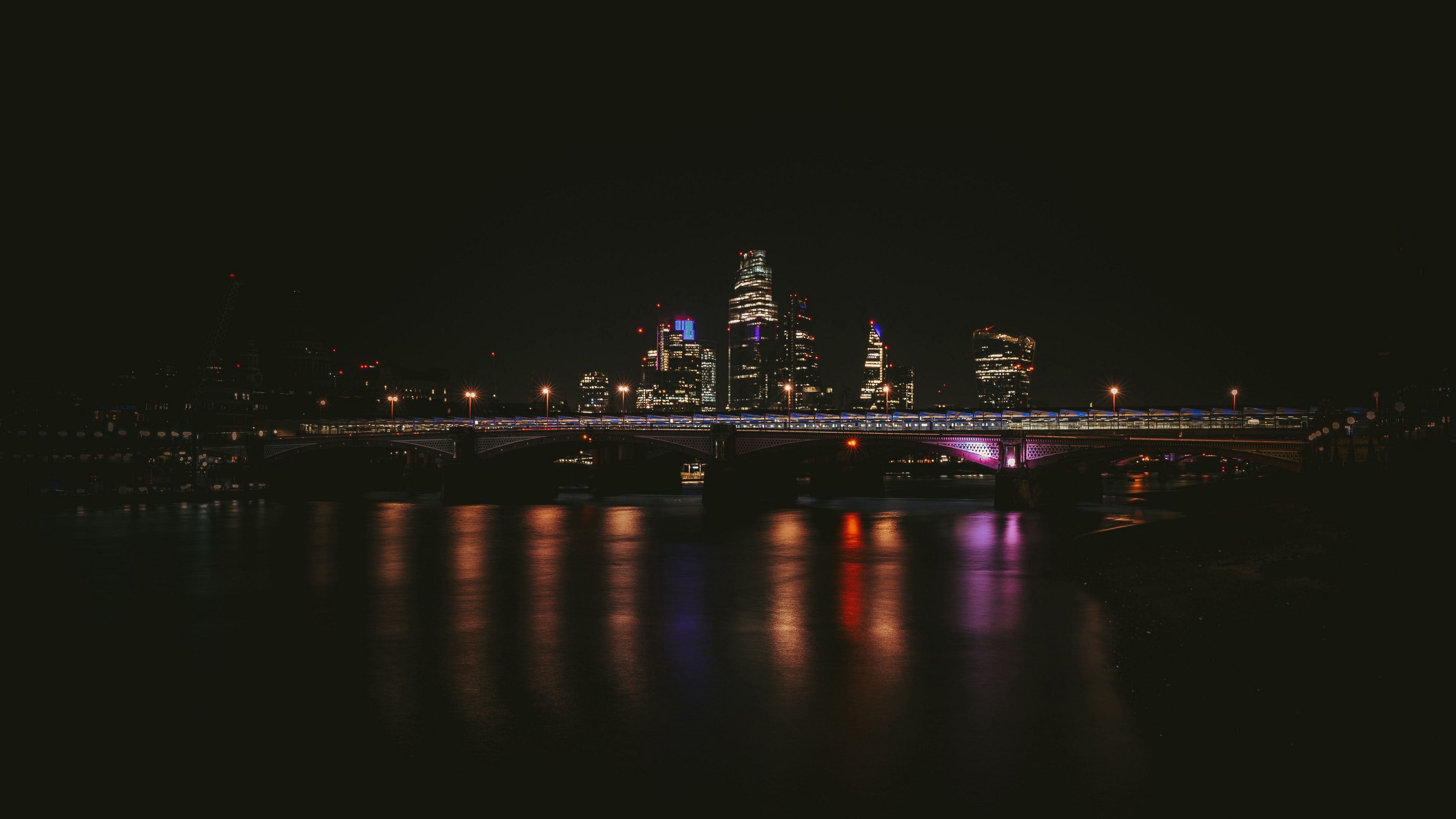 night city, buildings, bridge, dark, water, reflection, 4k, HD Wallpaper