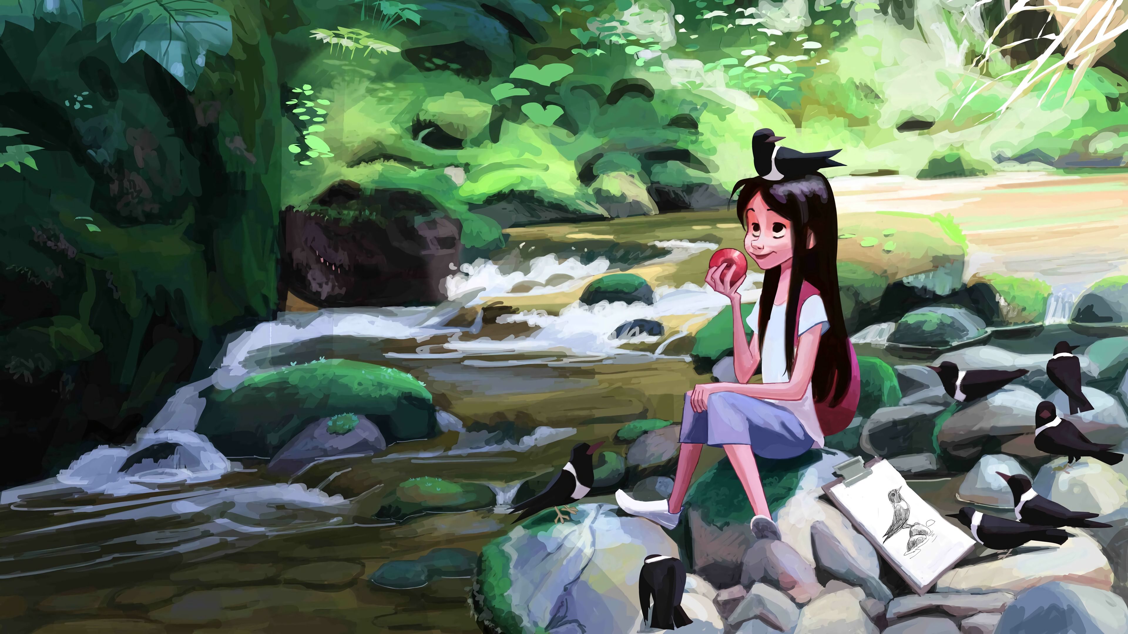 girl, birds, apple, river, art, 4k, HD Wallpaper